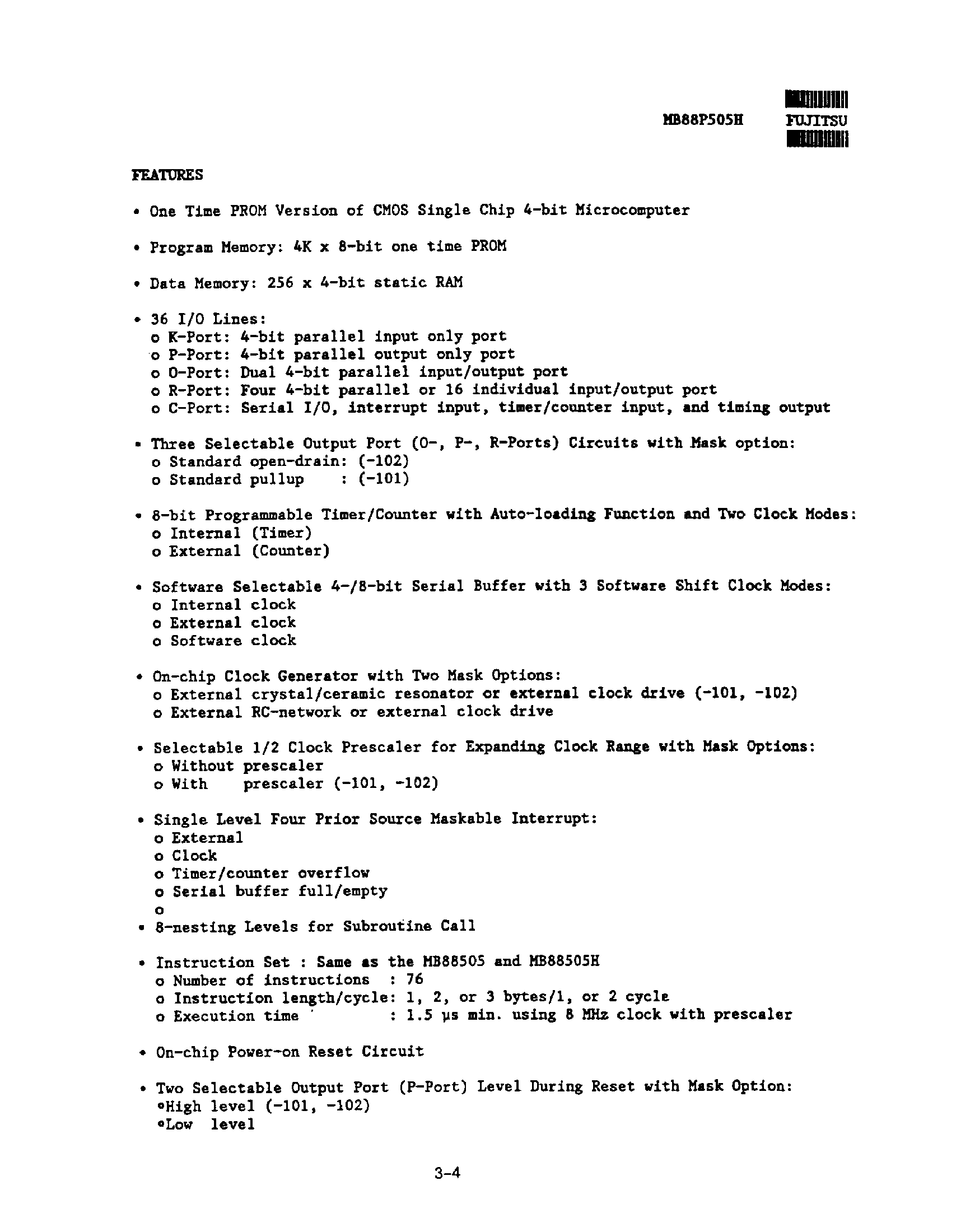 Datasheet MB88505H - CMOS Single-Chip 4-Bit Microcomputer with one time PROM page 2
