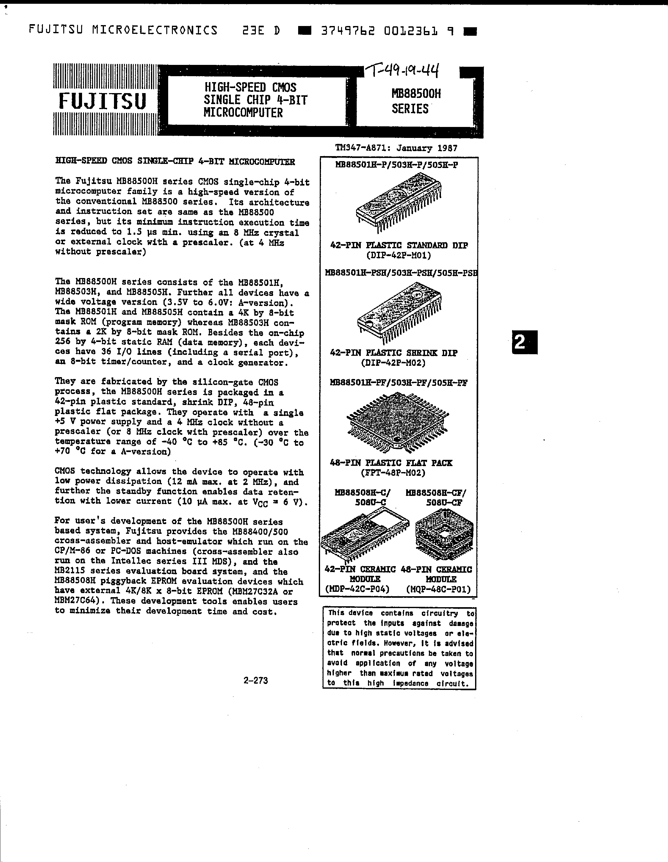 Datasheet MB88500H - High Speed CMOS Single-Chip 4-Bit Microcomputer page 1