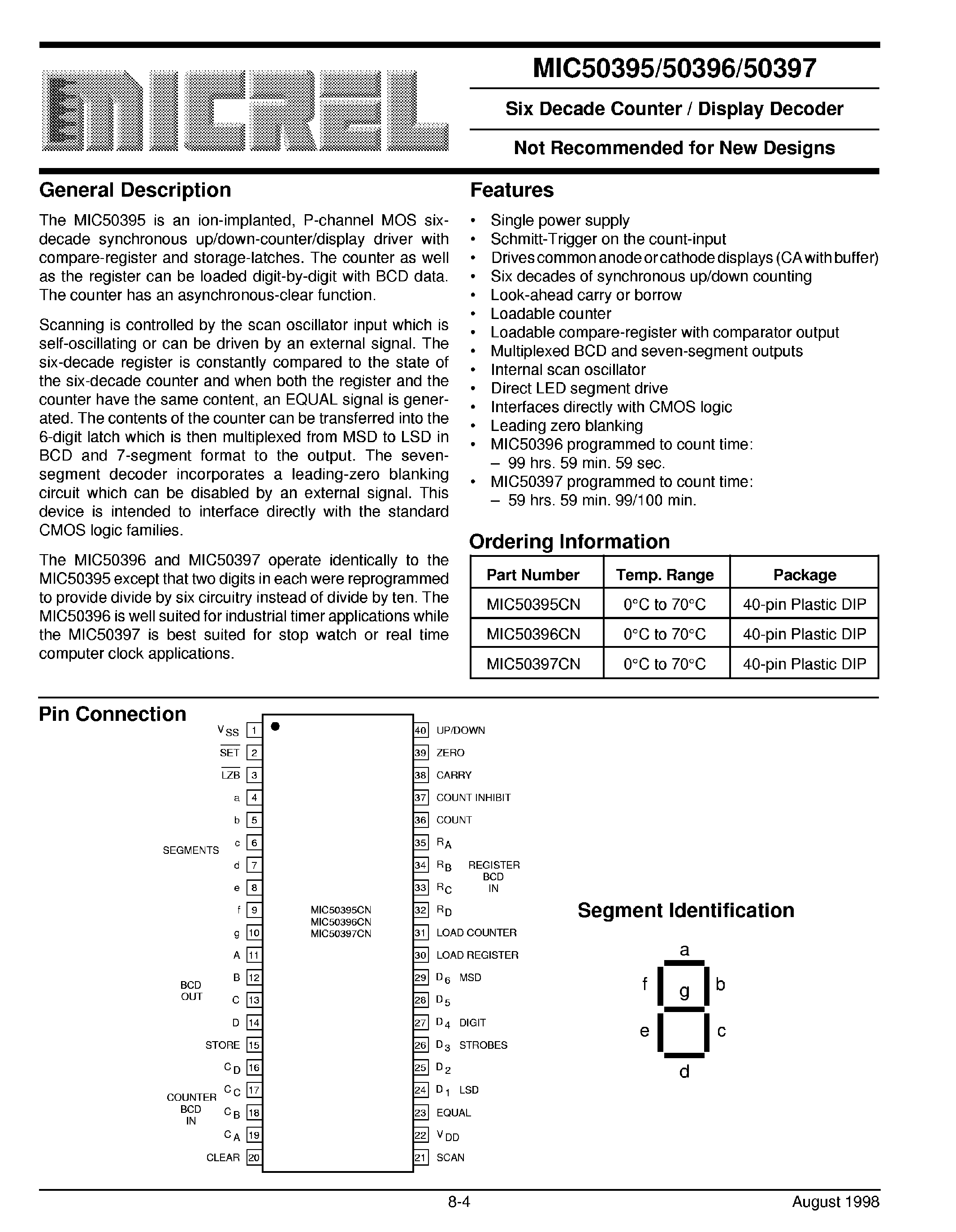 Даташит на микросхему MK50395 страница 1 Даташит MK50395 - 6-Decade Counter / Display Decoder страница 1
