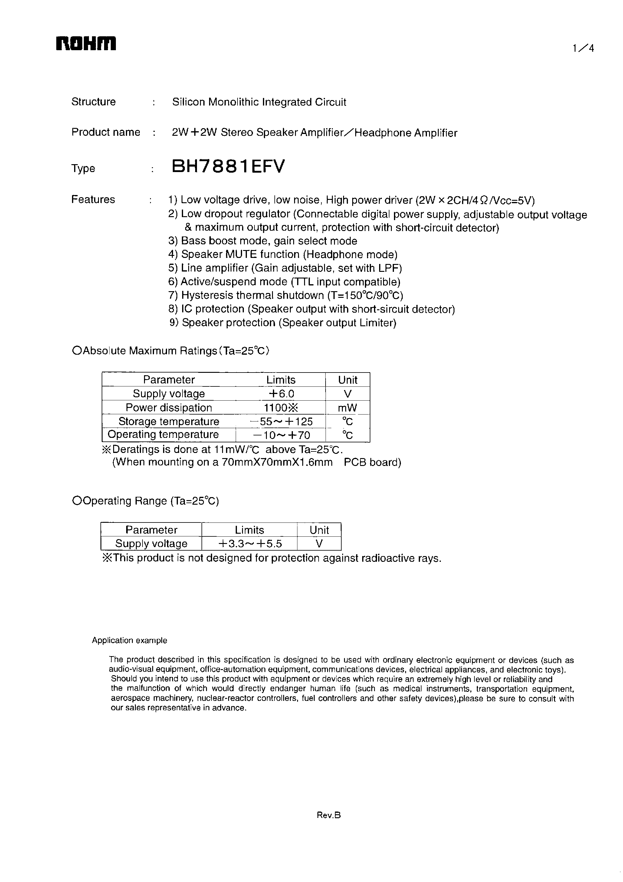 Даташит BH7881EFV - 2W + 2W Stereo Speaker Amplifier / Headphone Amplifier страница 1