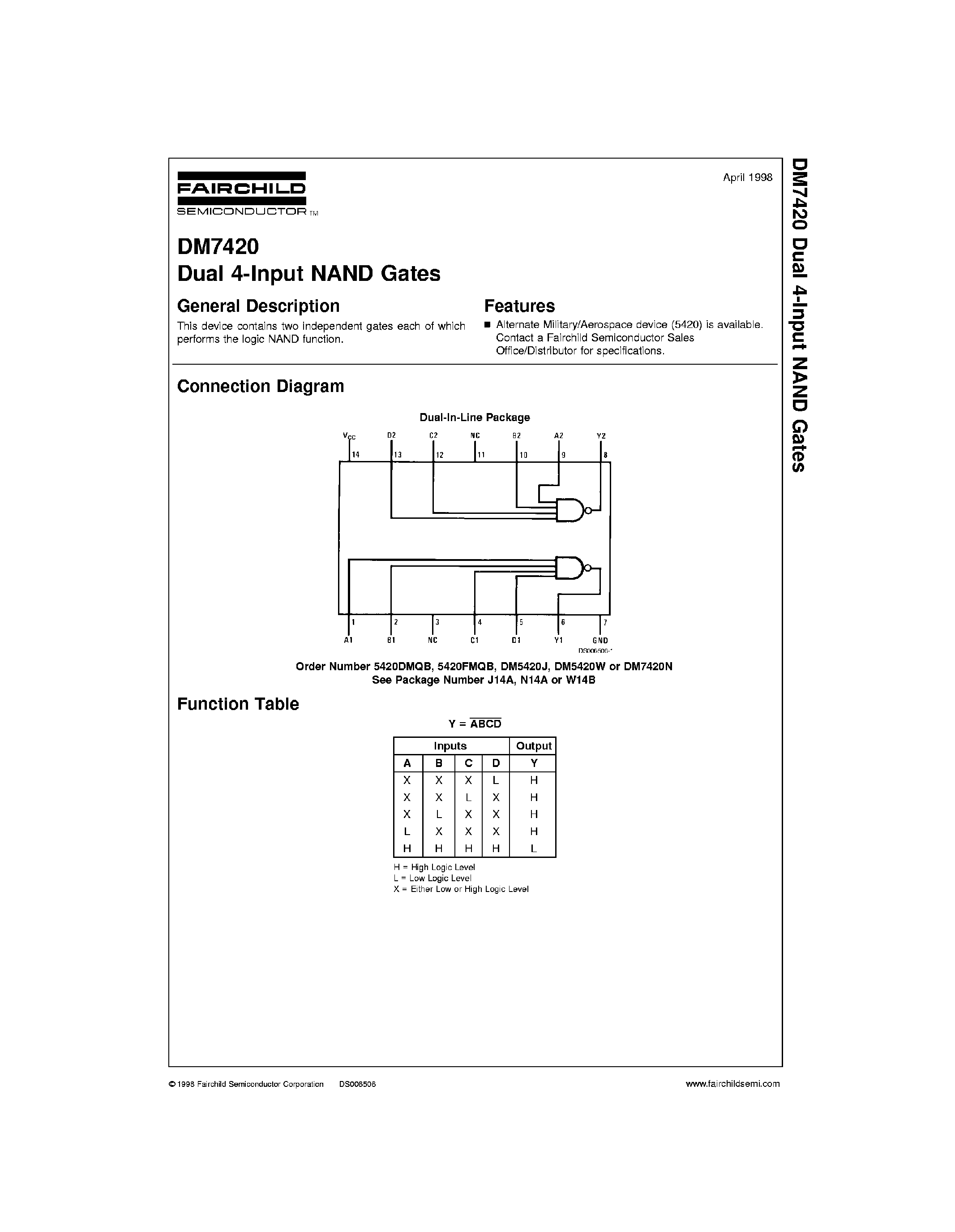 Datasheet 7420 page 1 Datasheet 7420 - Dual 4-Input NAND Gates page 1