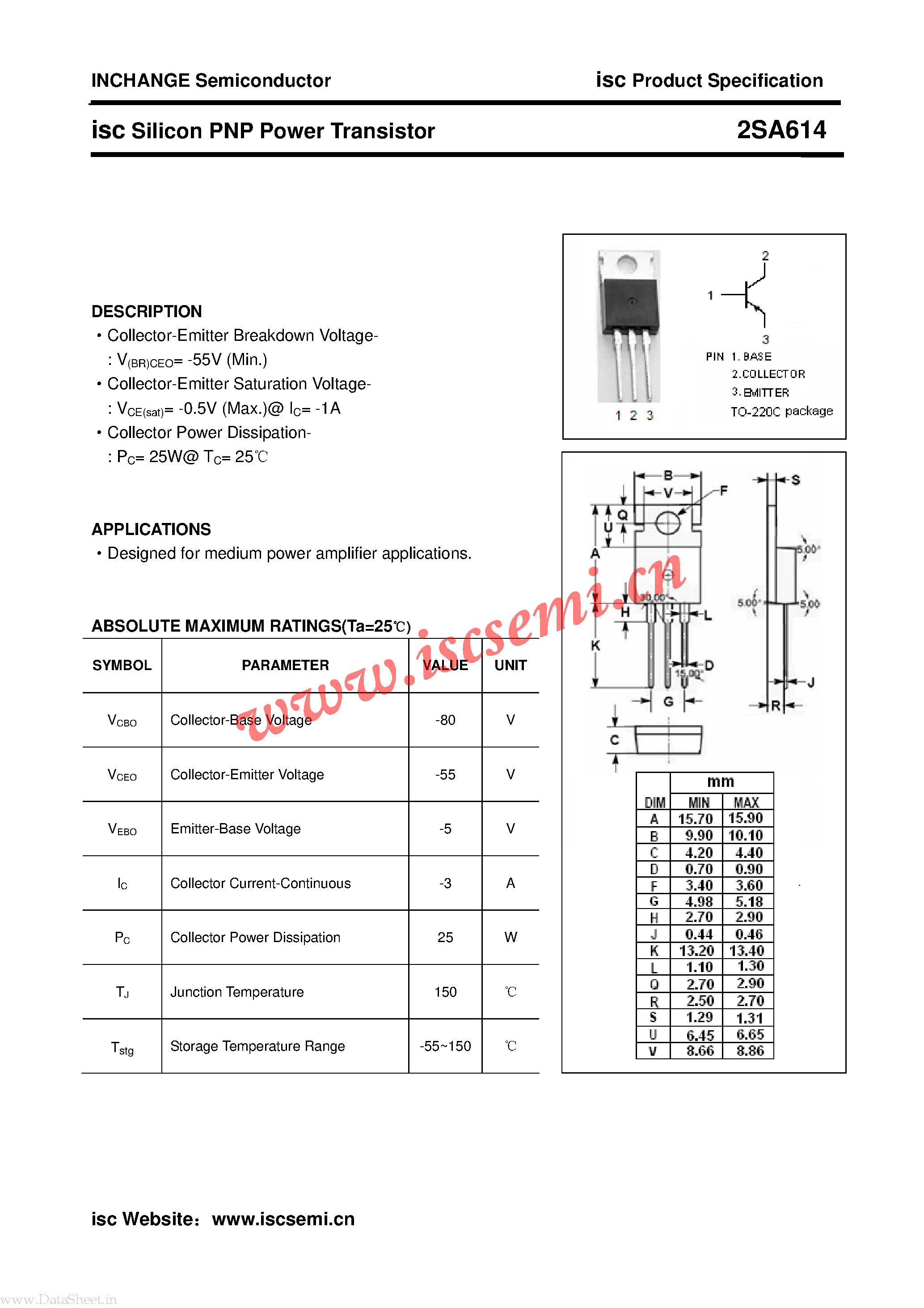 Datasheet 2SA614 page 1 Datasheet 2SA614 - TO-220 Power Package Transistors page 1