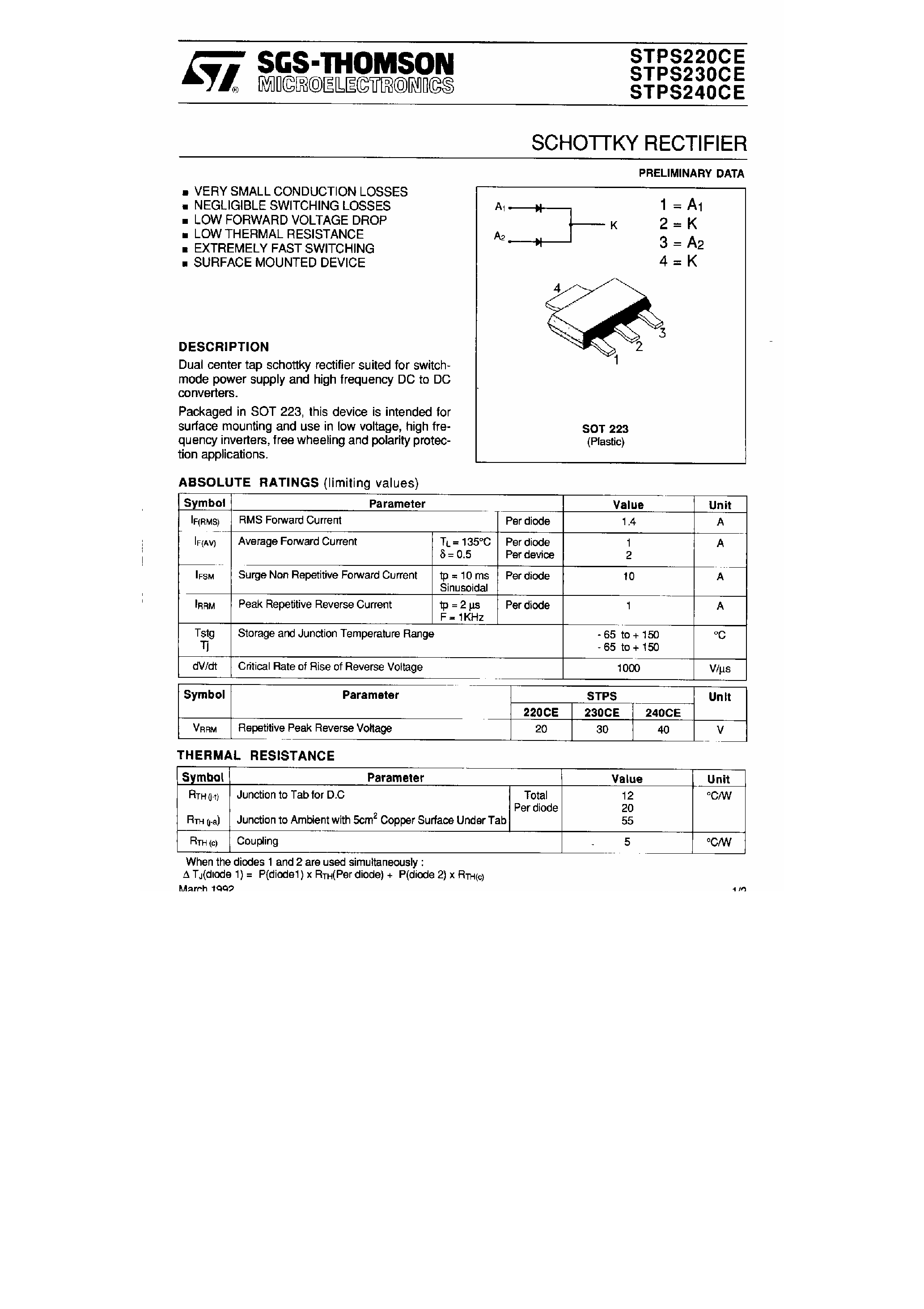 Datasheet STPS220CE - Schottky Rectifier page 1
