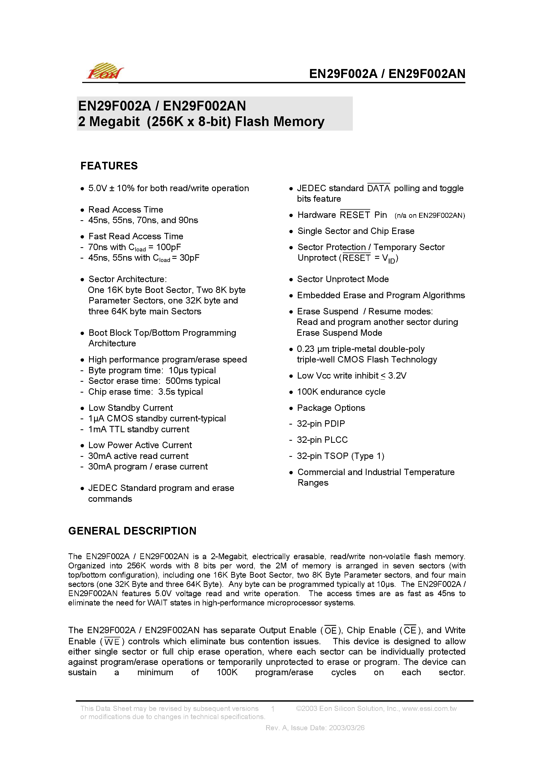 Datasheet EN29F002A - 2 Megabit (256K x 8-bit) Flash Memory page 1