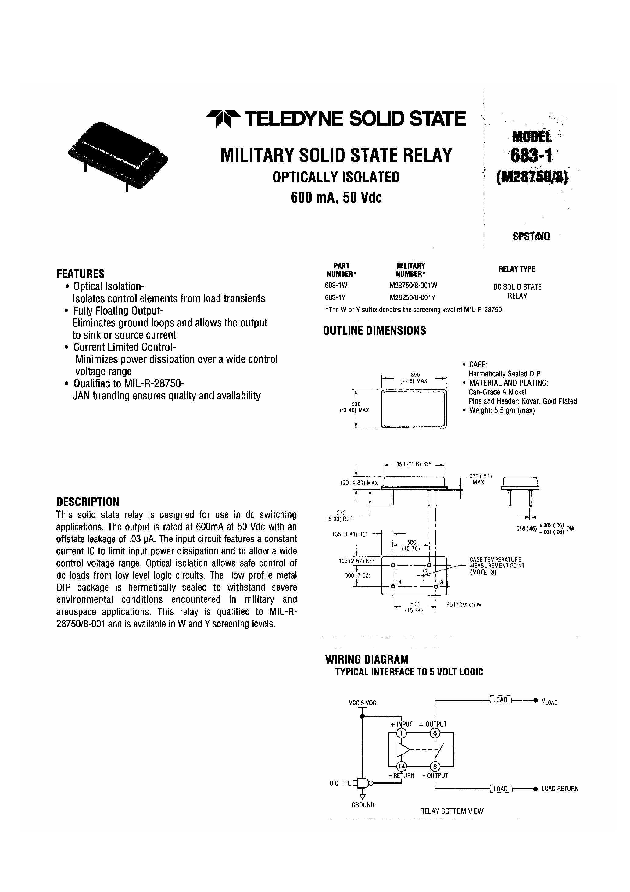 Datasheet M28750 page 1 Datasheet M28750 - Military Solid State Relay page 1