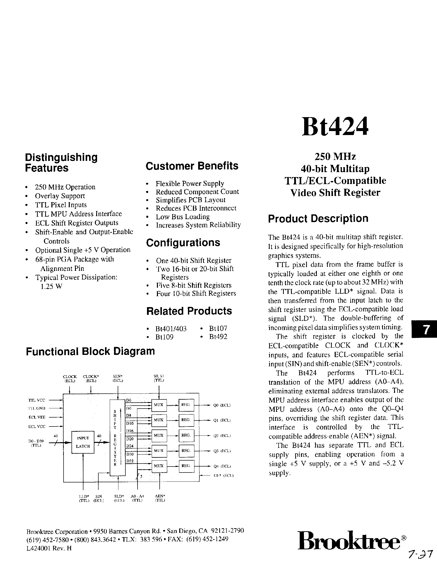 Даташит BT424 - TTL/ECL-Compatible Video Shift Register страница 1