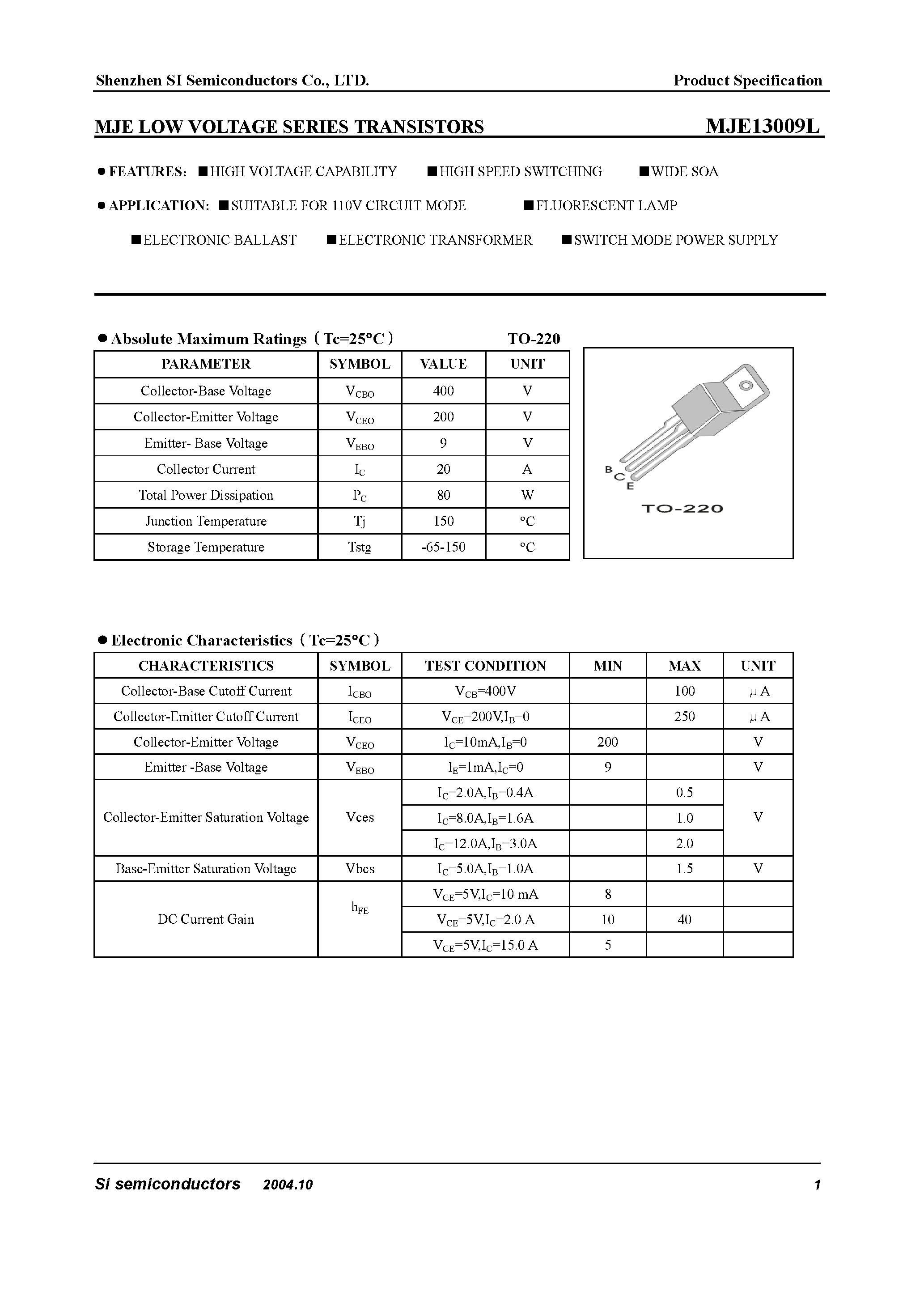 Datasheet MJE13009L - Low Voltage Series Transistors page 1