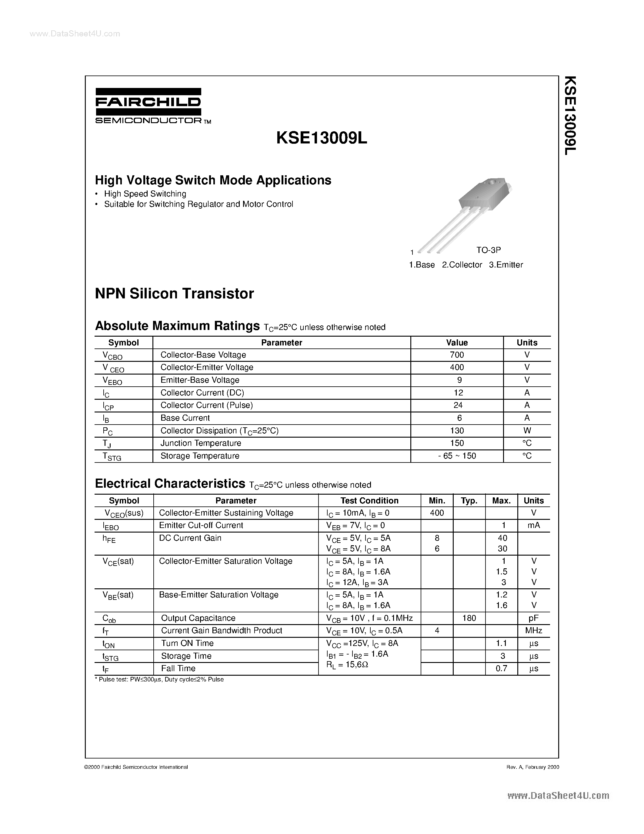 Даташит E13009L - Search ---> KSE13009L / MJE13009L страница 1