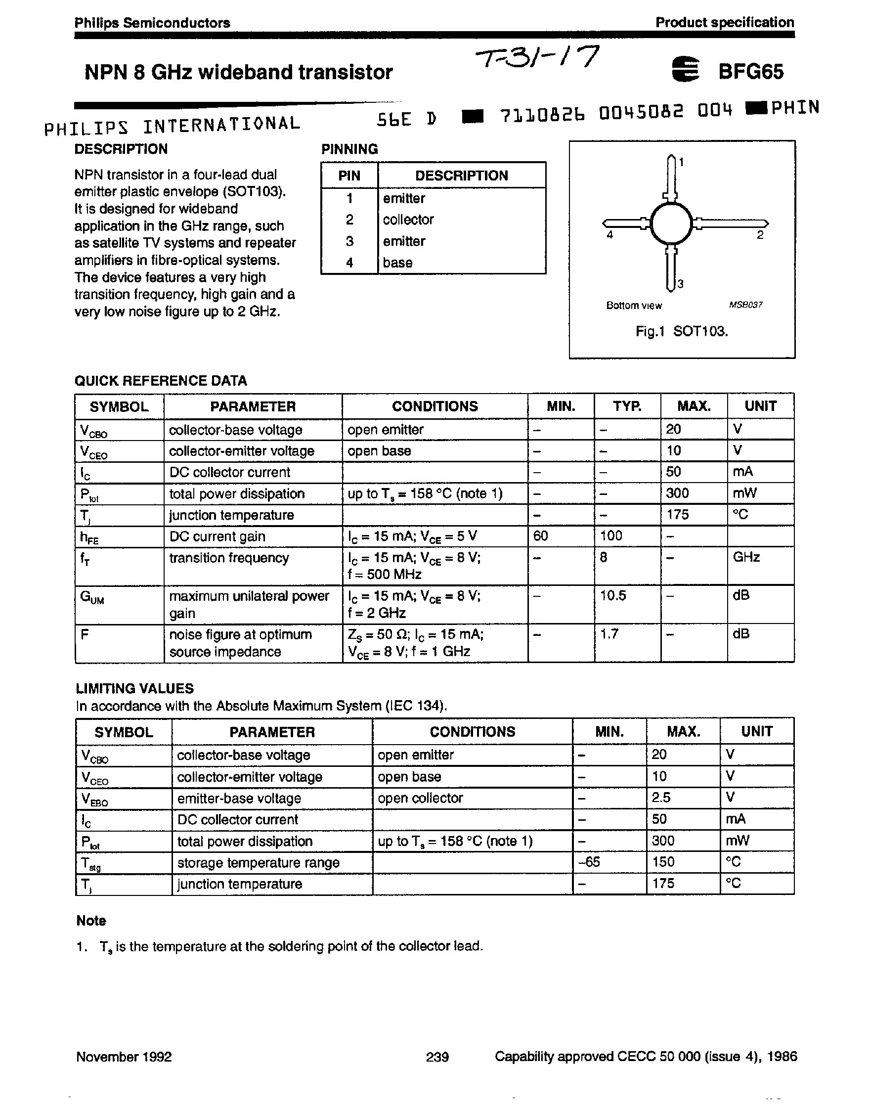 Даташит на микросхему BFG65 страница 1 Даташит BFG65 - NPN 8 Ghz Widebane Transistor страница 1