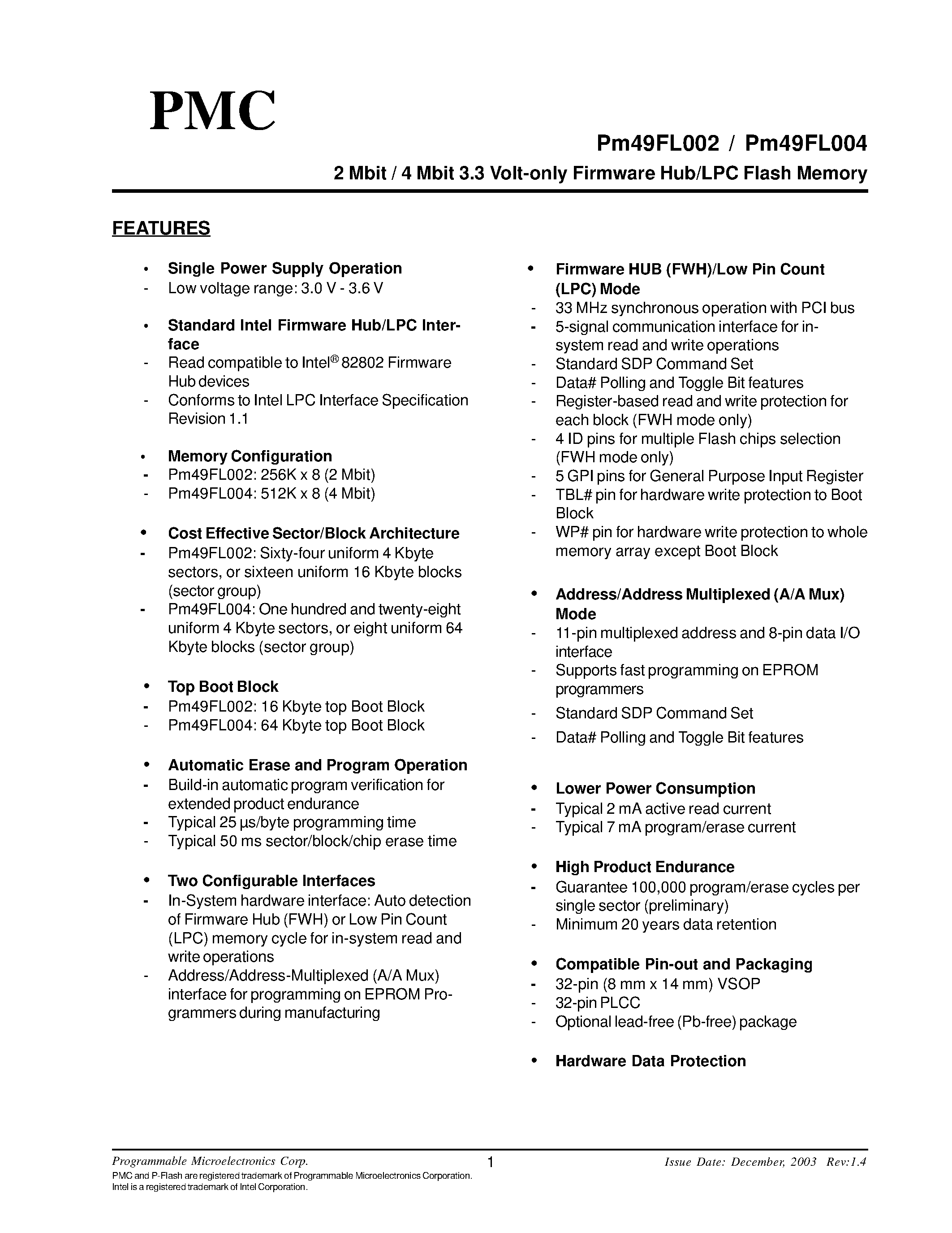 Datasheet PM49FL002 - 2 Mbit / 4 Mbit 3.3 Volt-only Fimware Hub / LPC Flash Memory page 1