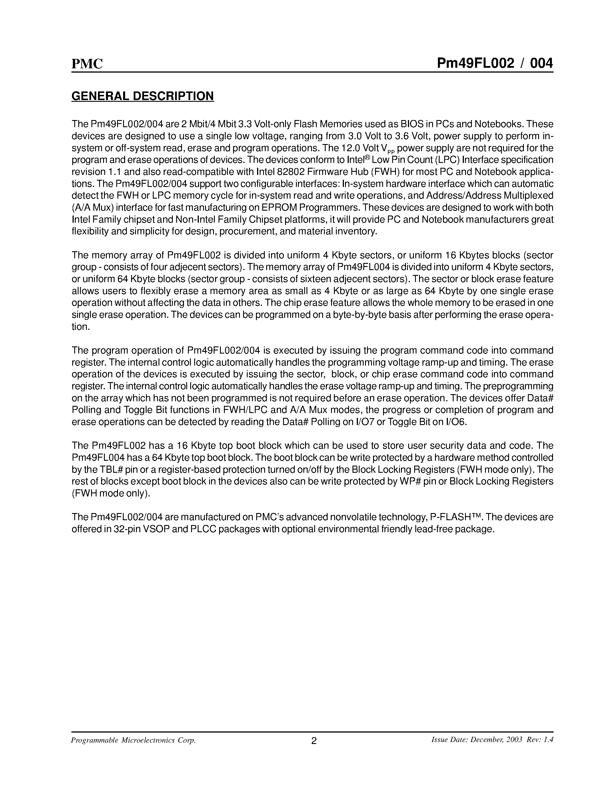 Datasheet PM49FL002 - 2 Mbit / 4 Mbit 3.3 Volt-only Fimware Hub / LPC Flash Memory page 2
