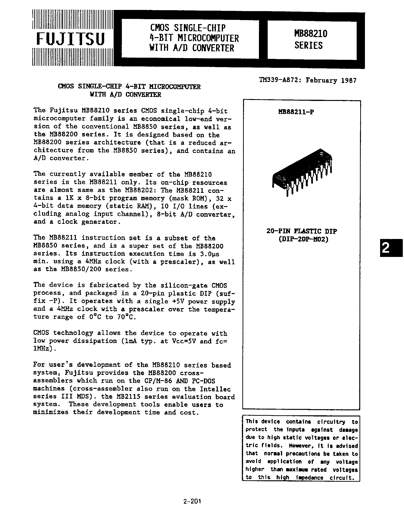 Datasheet MB8821x - CMOS Single-Chip 4-Bit Microcomputer with A/D Converter page 1