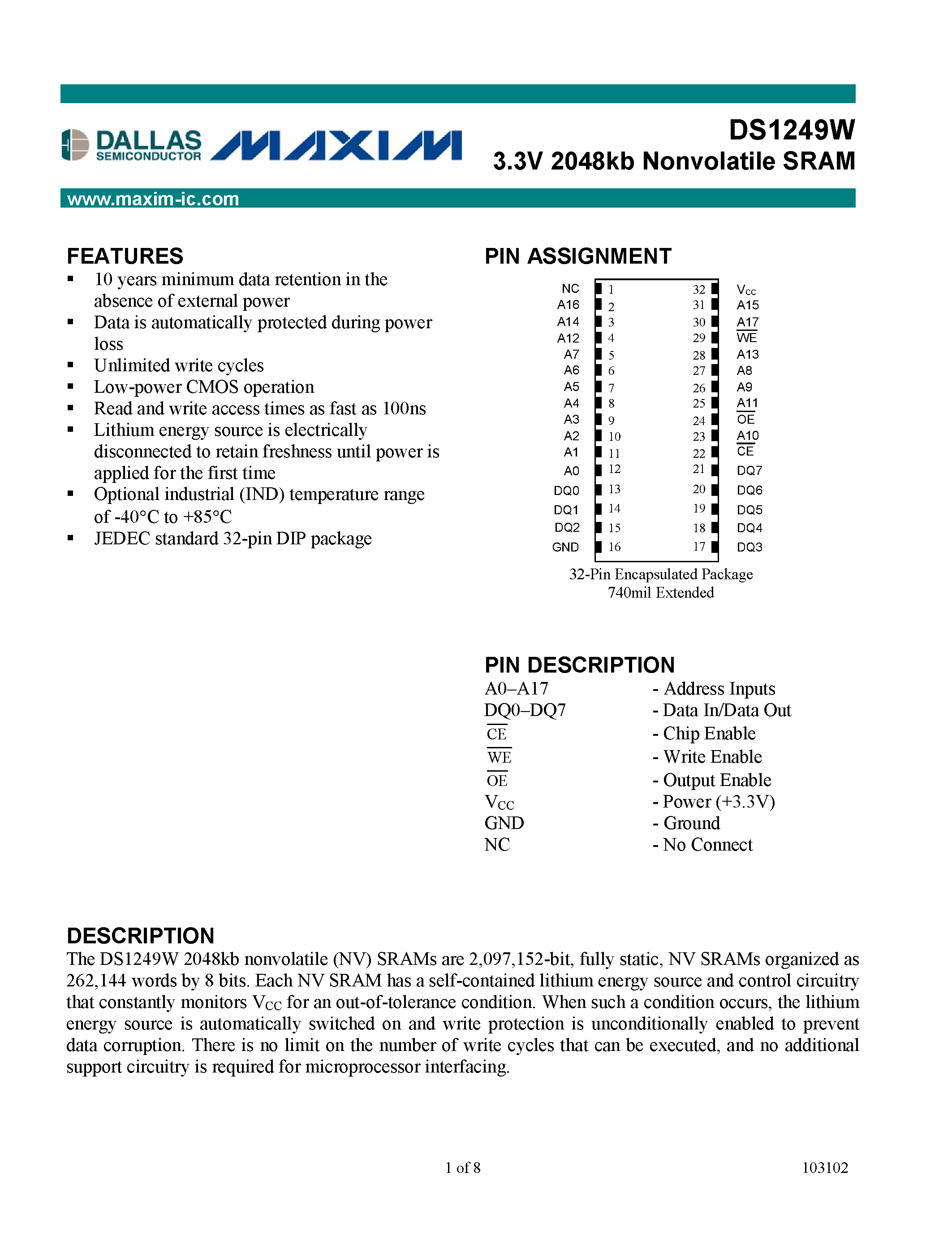 Datasheet DS1249W page 1 Datasheet DS1249W - 3.3V 2048kb Nonvolatile SRAM page 1