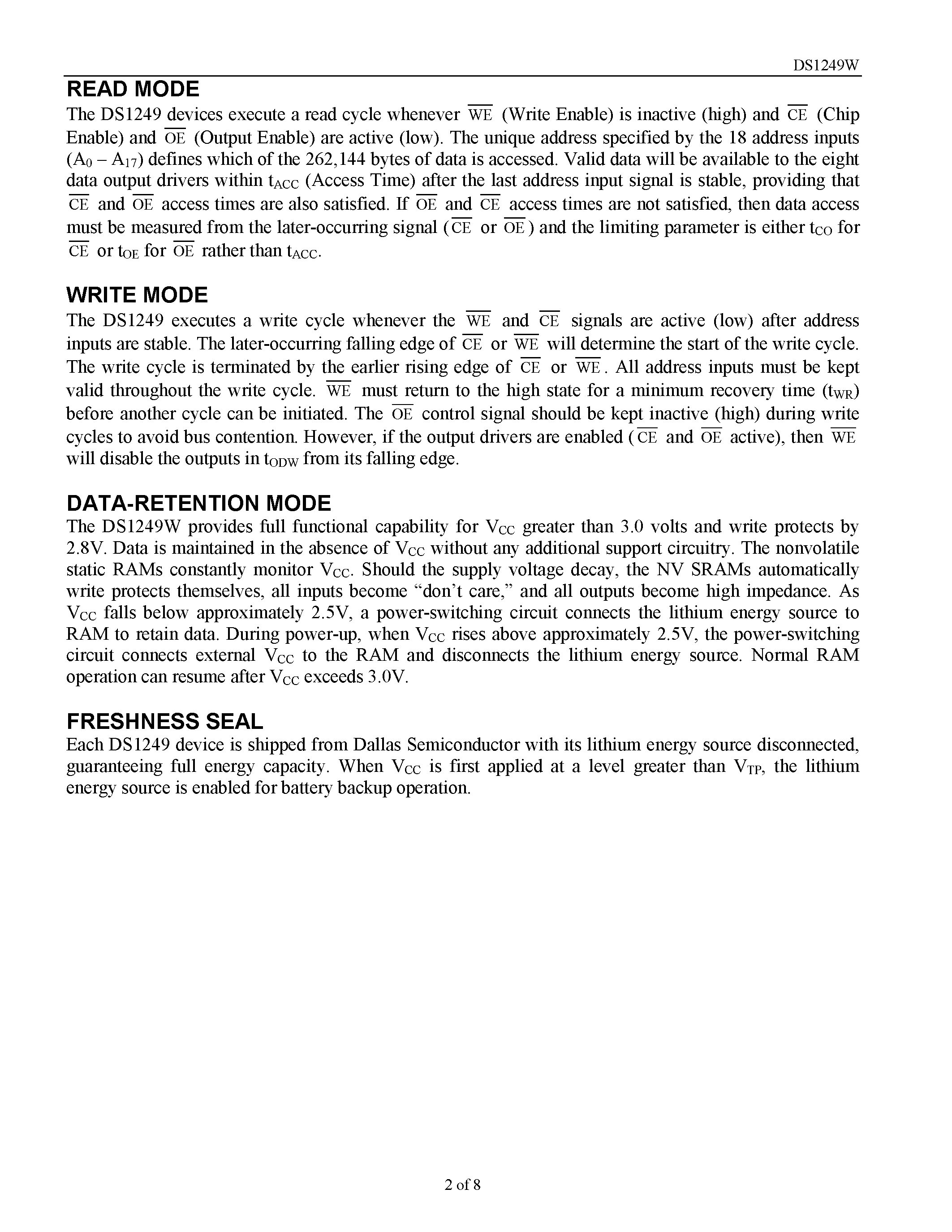 Datasheet DS1249W page 2 Datasheet DS1249W - 3.3V 2048kb Nonvolatile SRAM page 2