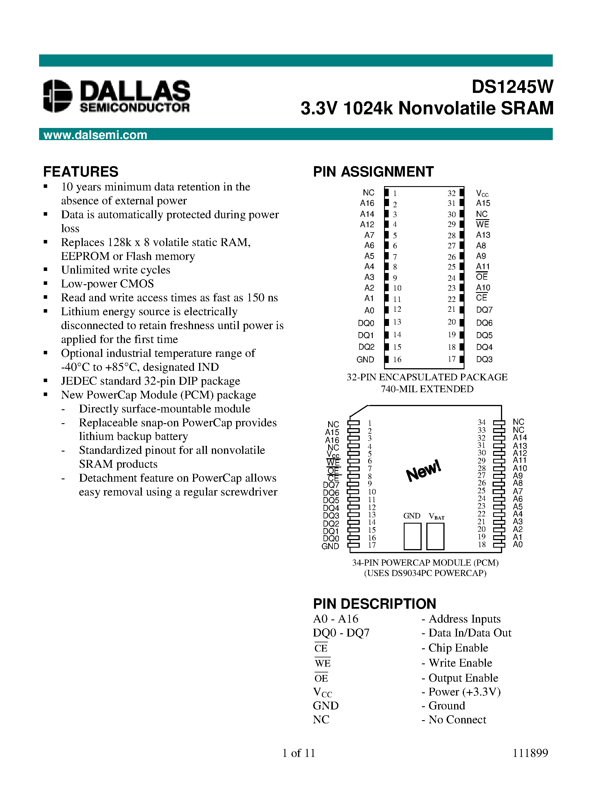 Datasheet DS1245W page 1 Datasheet DS1245W - 3.3V 1024k Nonvolatile SRAM page 1