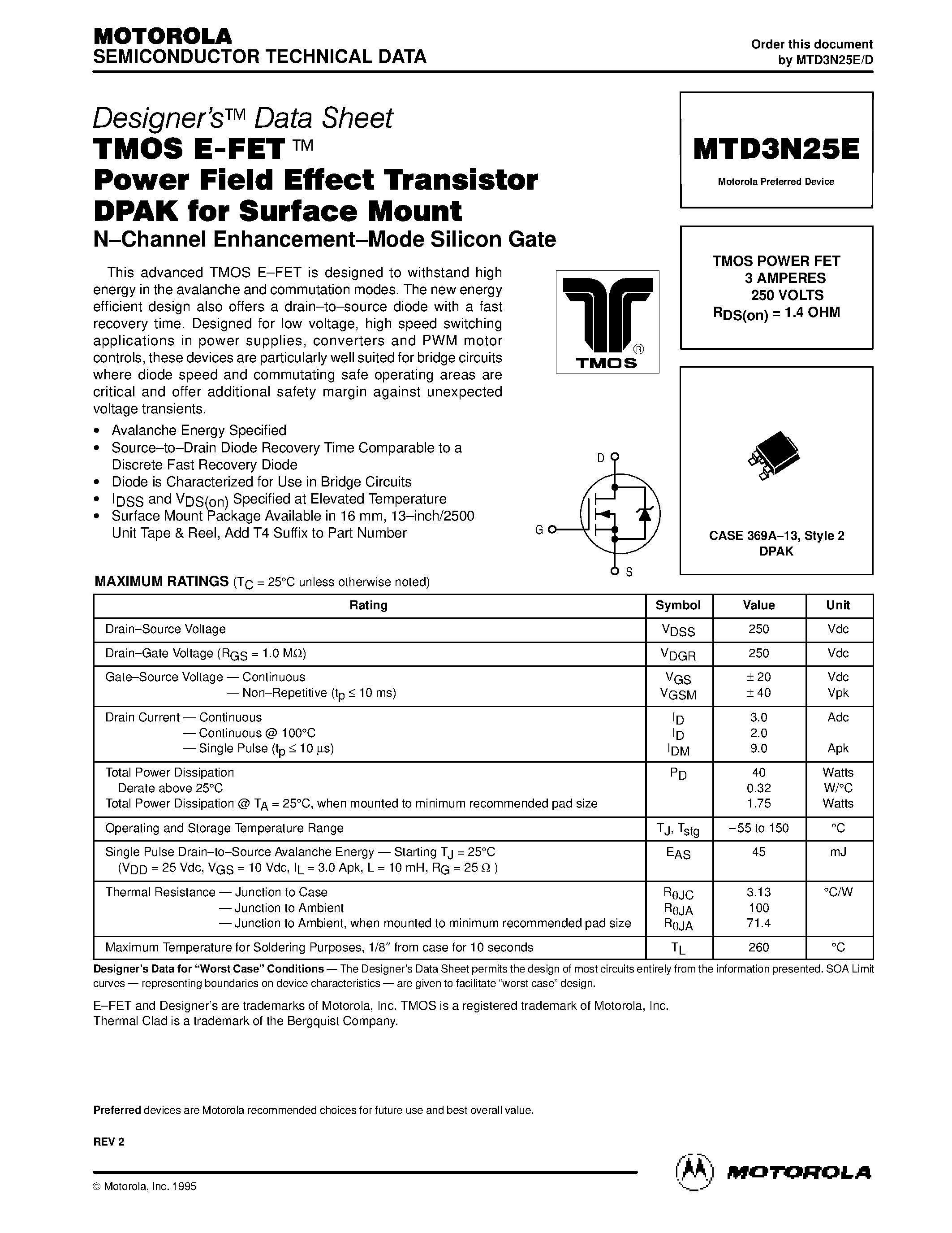 Datasheet MTD3N25E - TMOS POWER FET 3 AMPERES 250 VOLTS RDS page 1