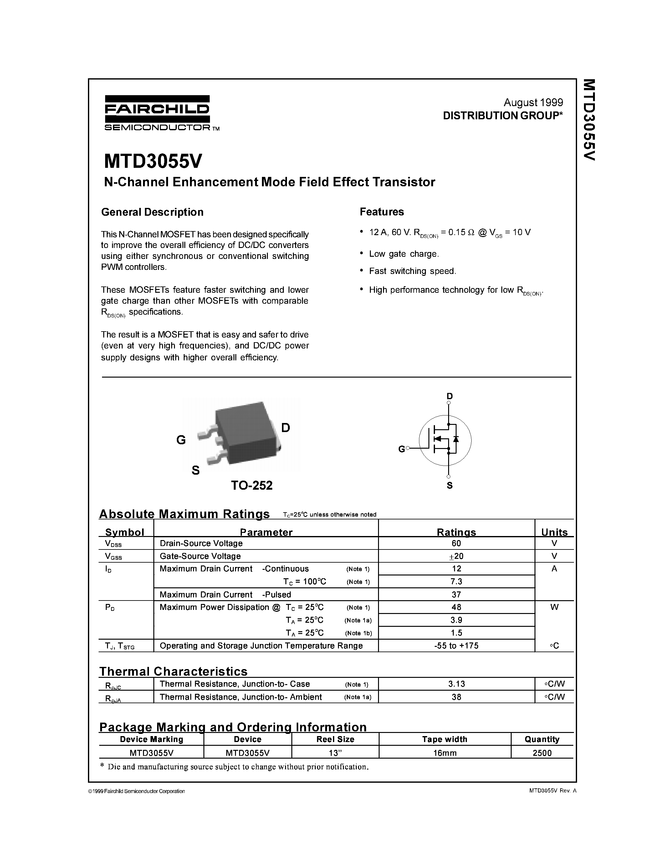 Datasheet MTD3055V - N-Channel Enhancement Mode Field Effect Transistor page 1