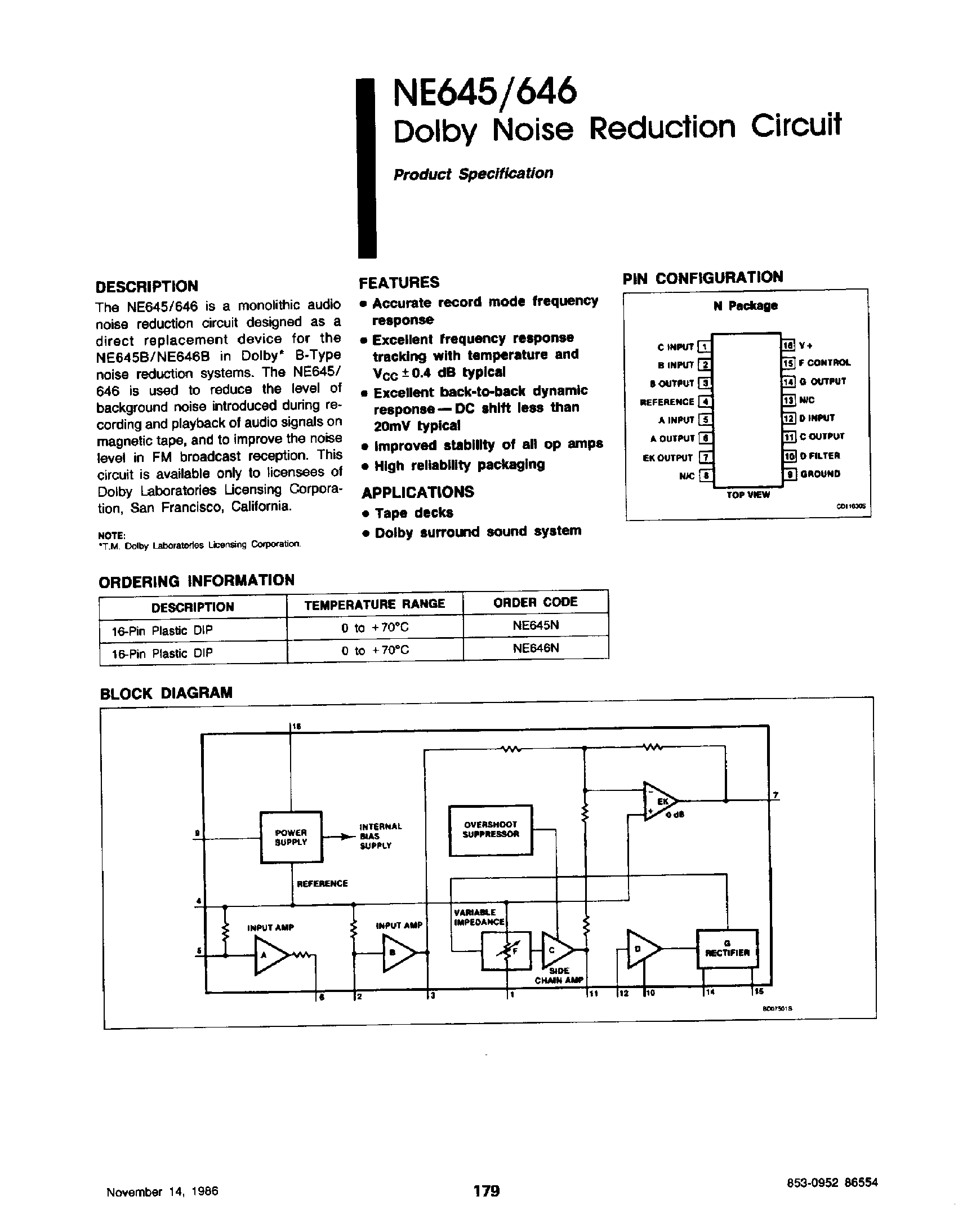 Даташит на микросхему NE645 страница 1 Даташит NE645 - (NE645) Dolby Noise Reduction Circuit страница 1