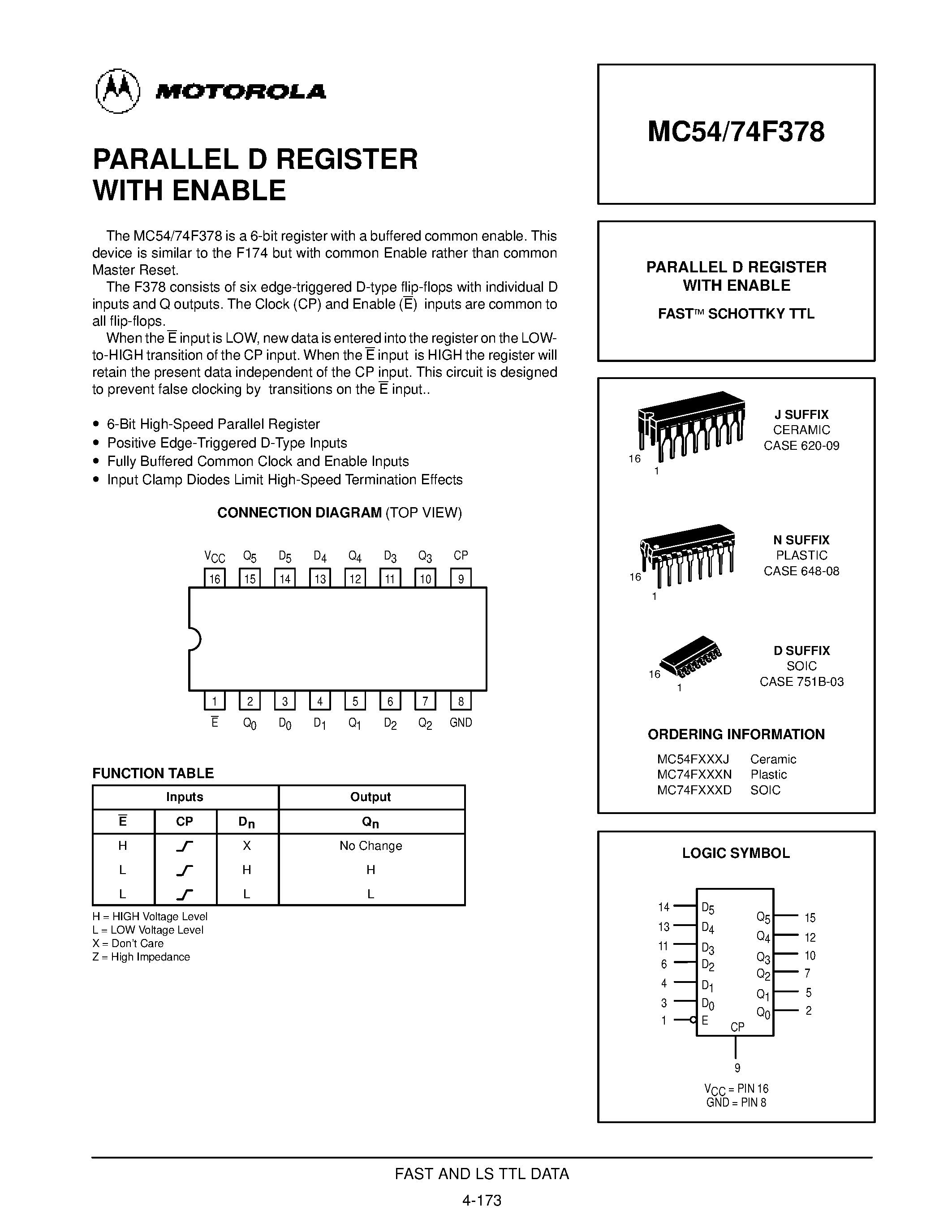 Даташит MC74F378 - PARALLEL D REGISTER WITH ENABLE страница 1
