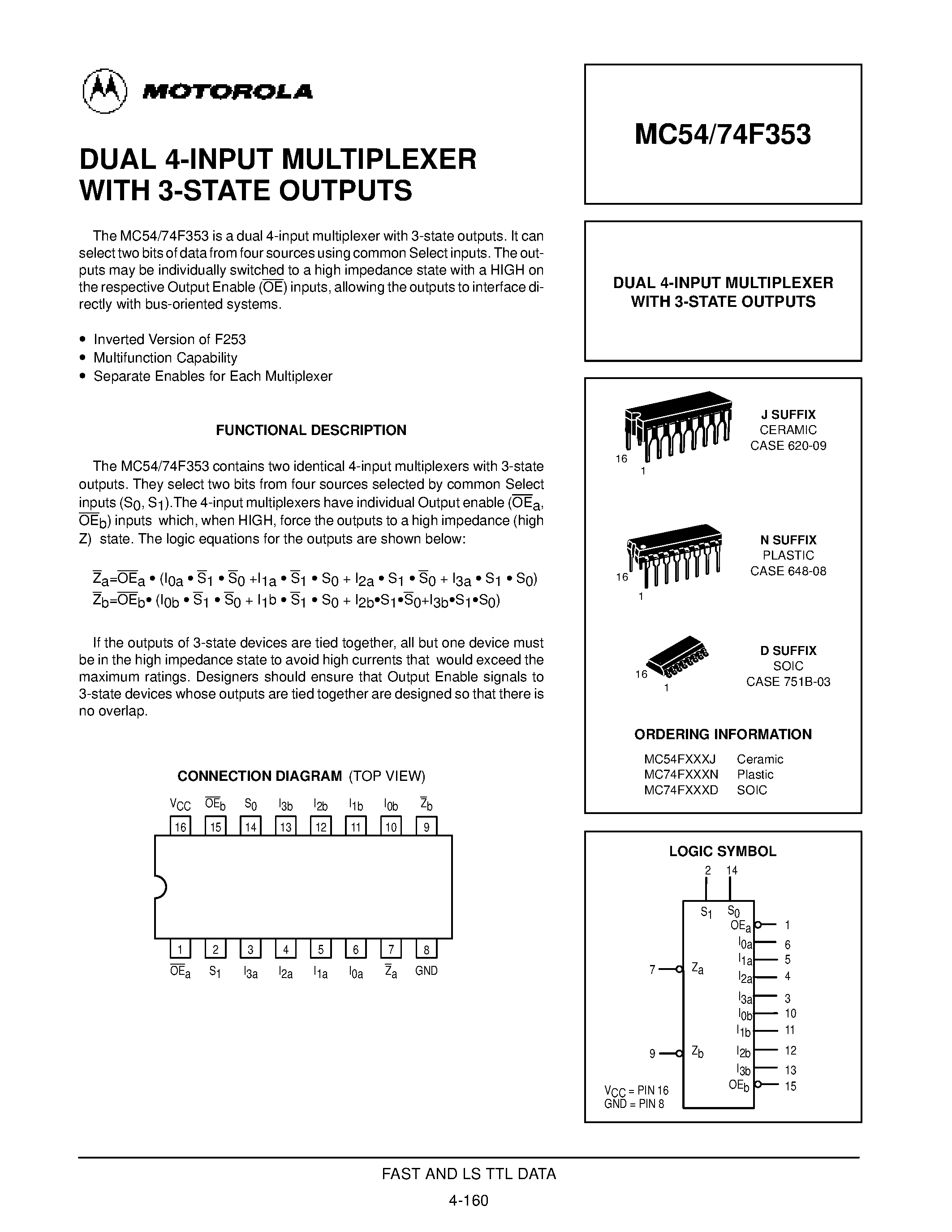 Datasheet MC74F353 - DUAL 4-INPUT MULTIPLEXER WITH 3-STATE OUTPUTS page 1