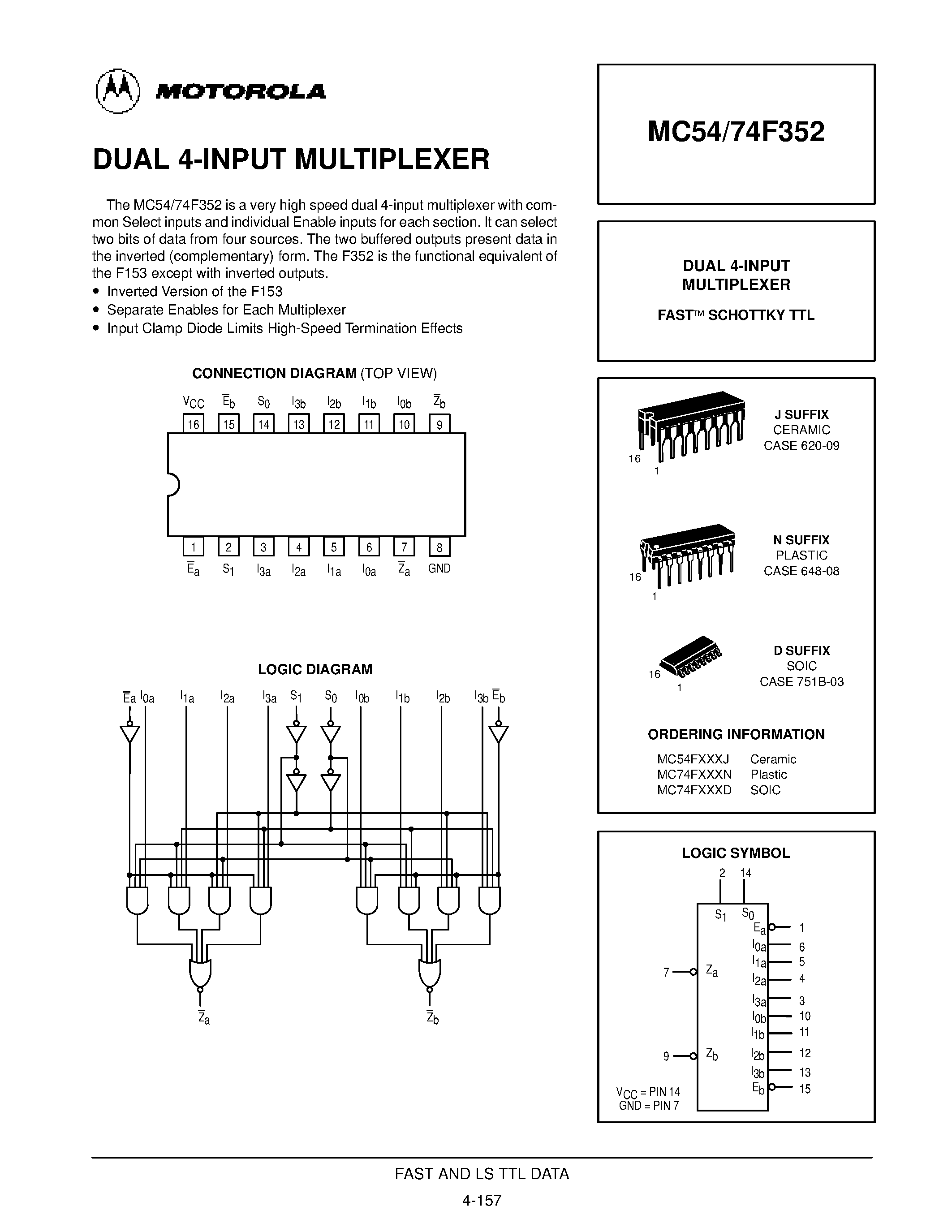 Datasheet MC74F352 - DUAL 4-INPUT MULTIPLEXER page 1
