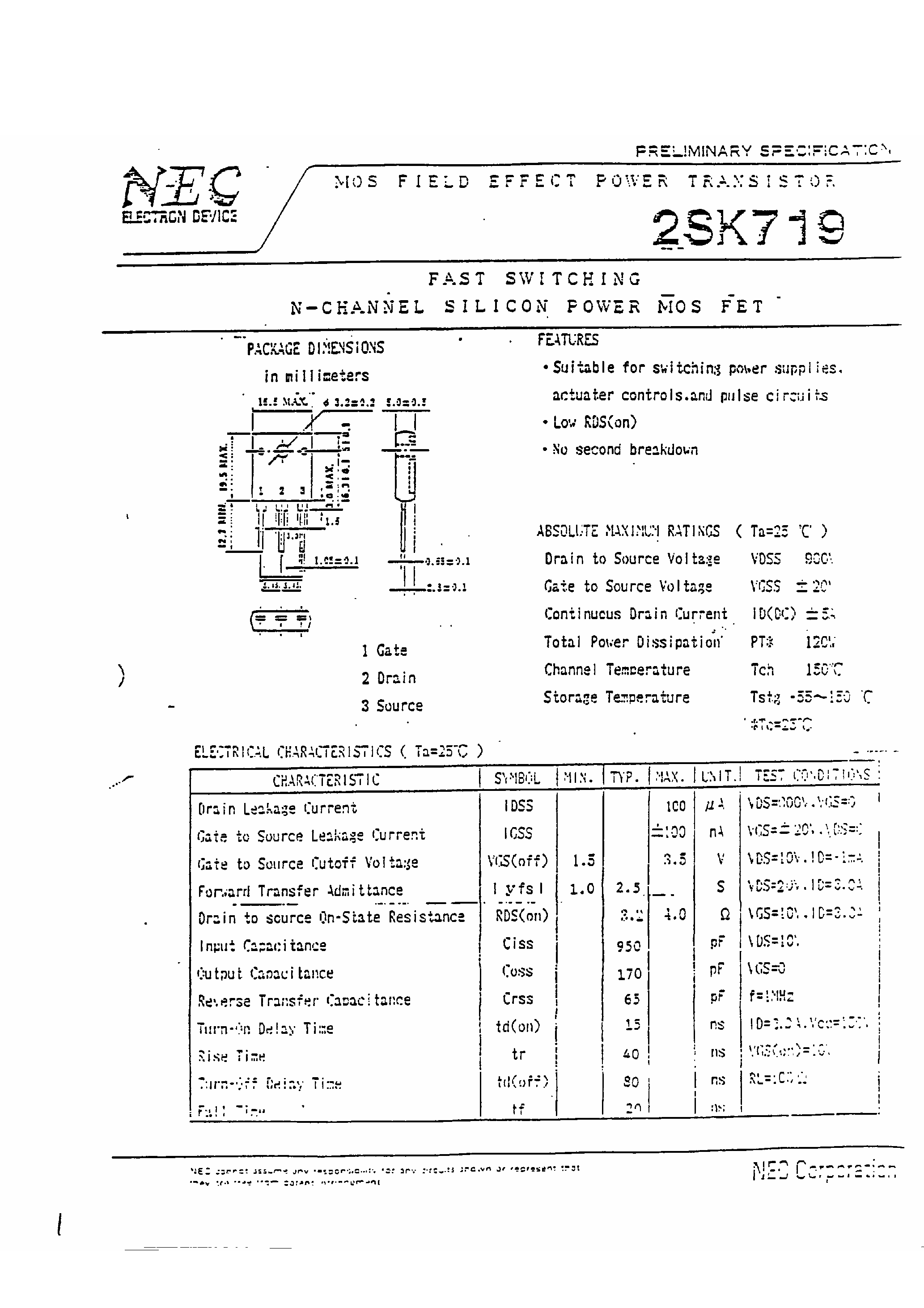 Datasheet 2SK719 - Fast Switching N-Channel Silicon Power MOSFET page 1