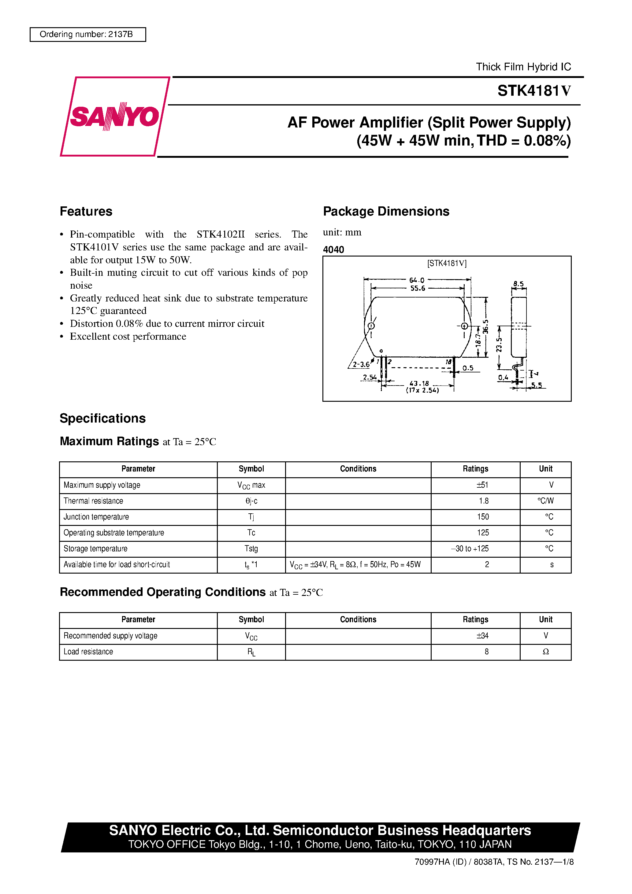 Datasheet STK4181V page 1 Datasheet STK4181V - AF Power Amplifier page 1