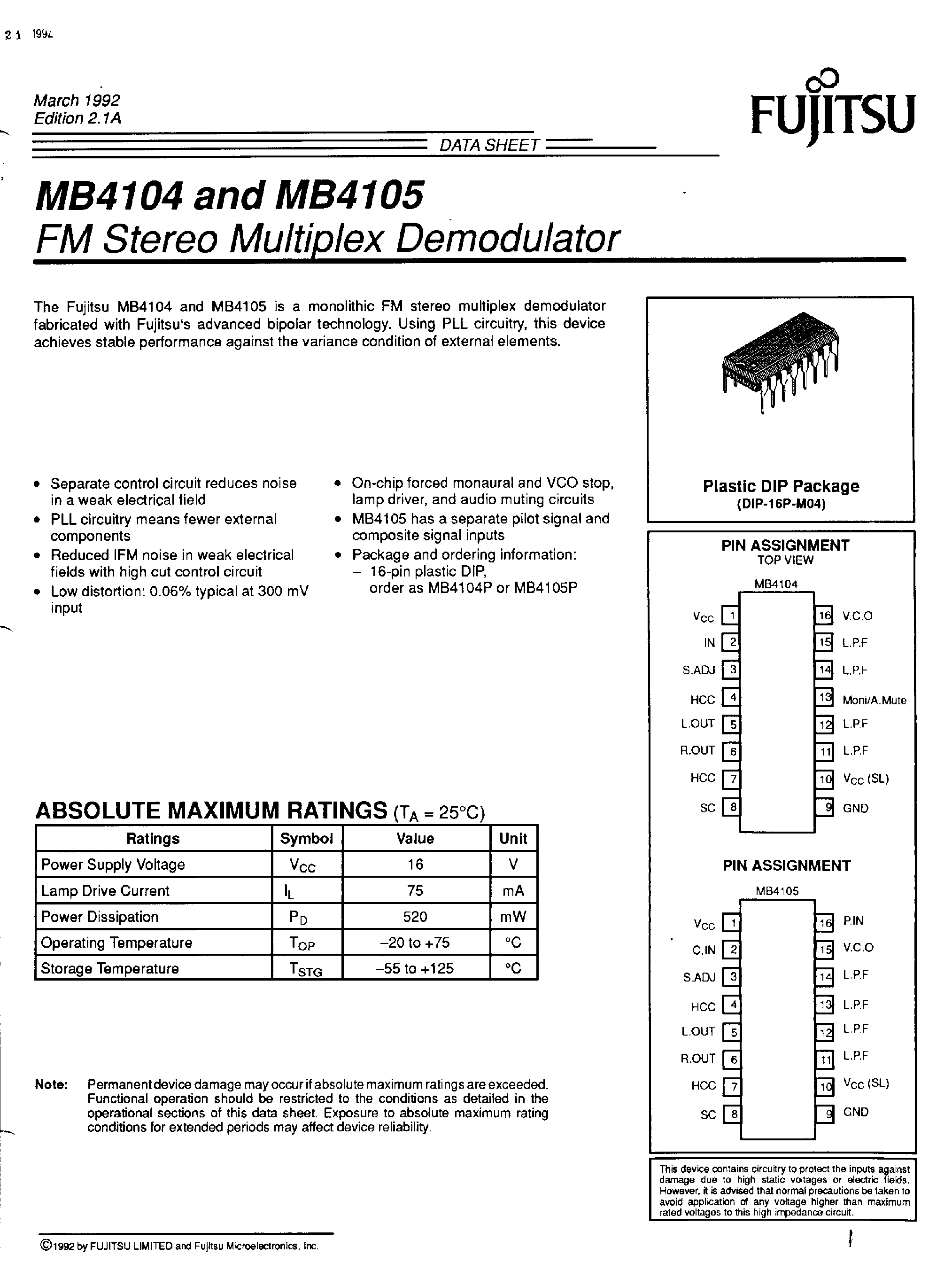 Даташит MB4104 - (MB4104) FM Stereo Multiplex Demodulator страница 1