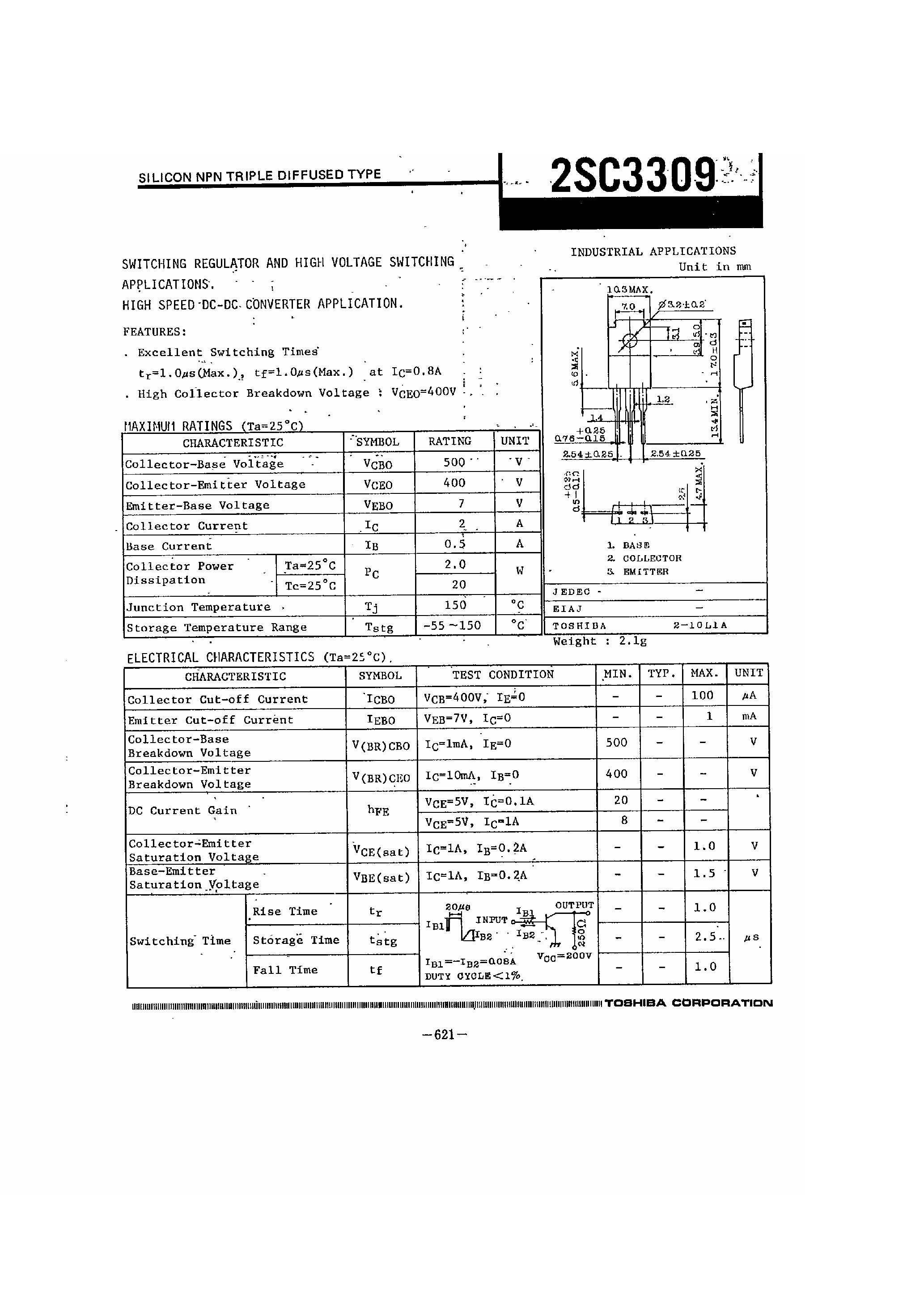 Datasheet 2SC3309 - SILICON NPN TRIPLE DIFFUSED TYPE page 1