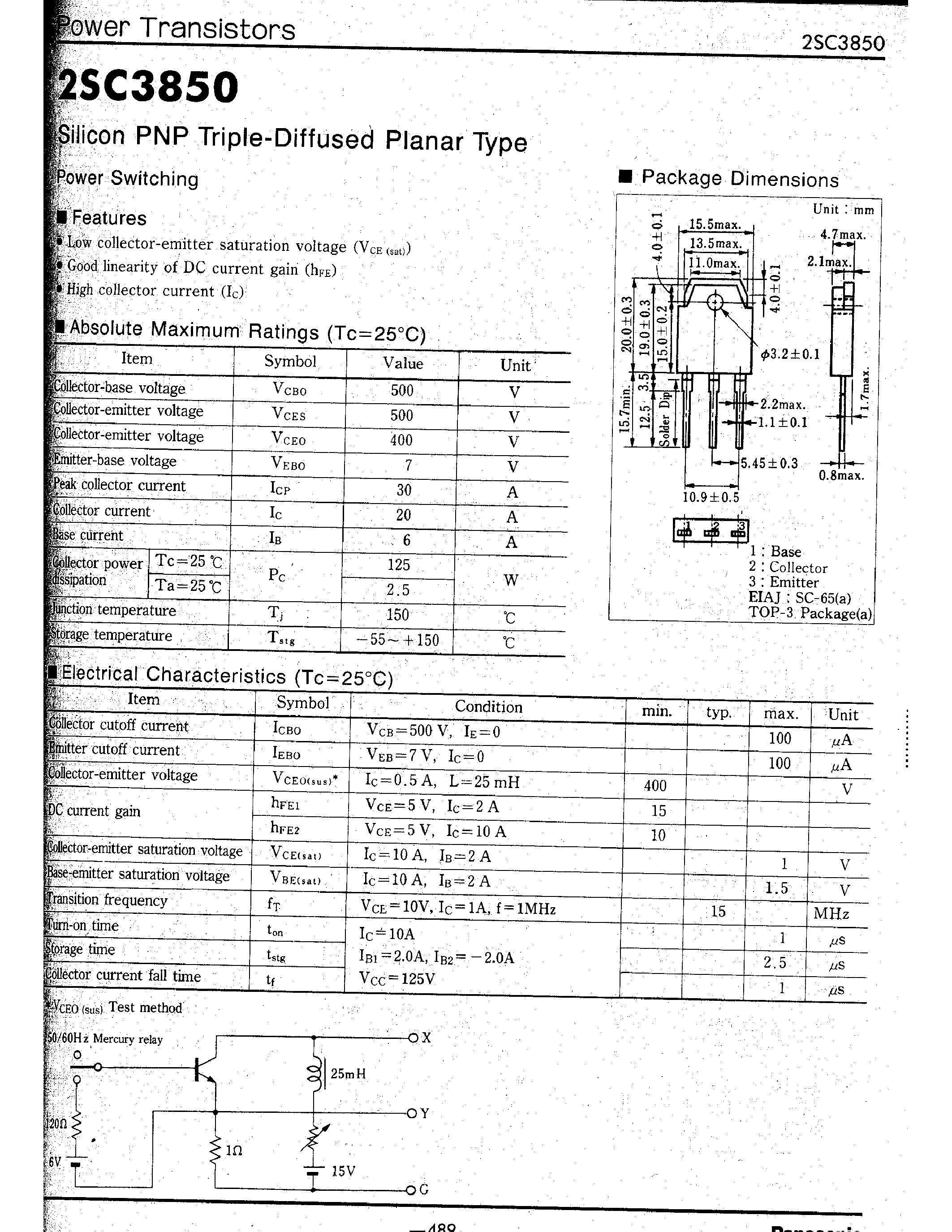 Datasheet 2SC3850 - Silicon PNP Triple-Diffused Planar Type page 1