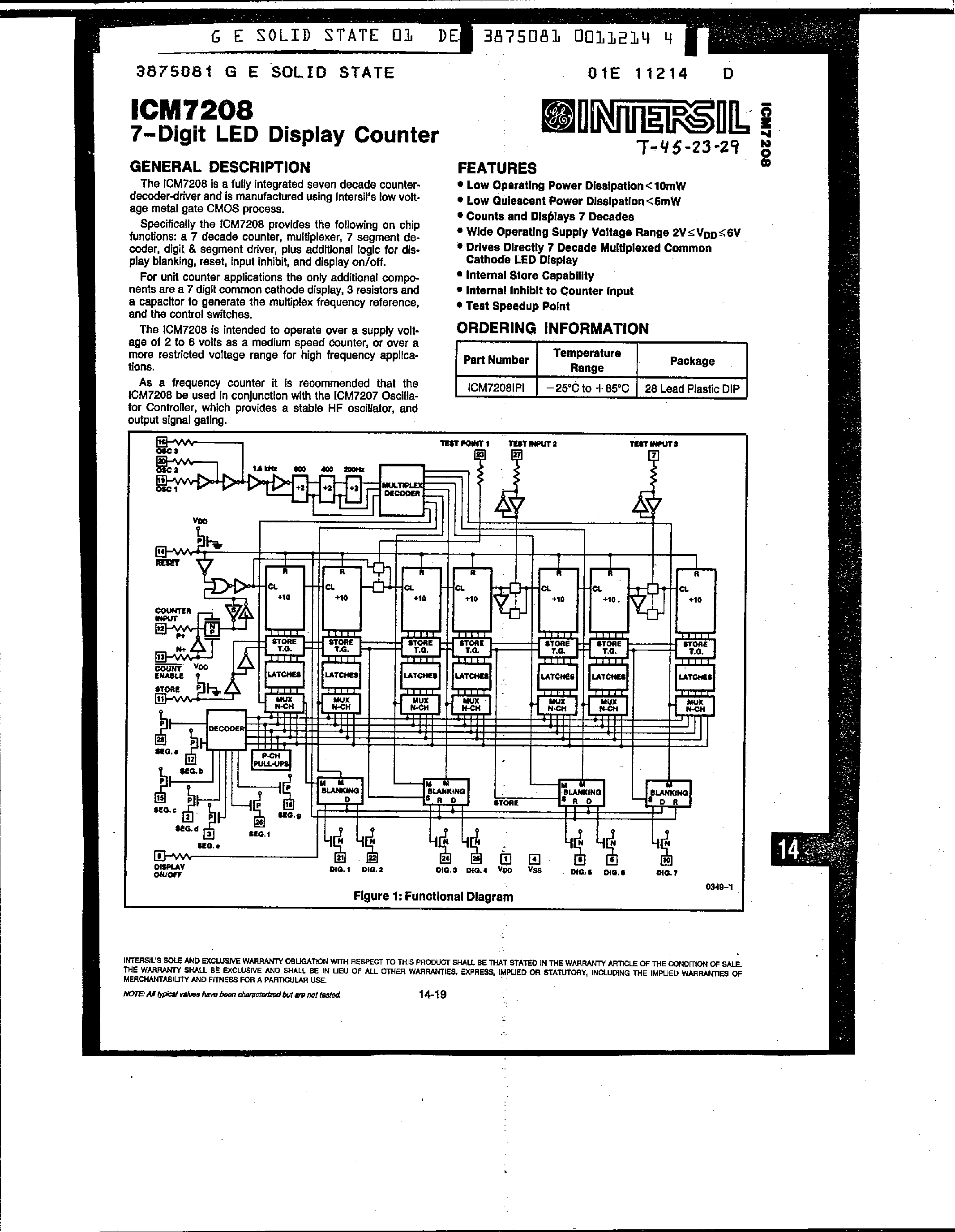Datasheet ICM7208 - 7-Digit LED Display Counter page 1