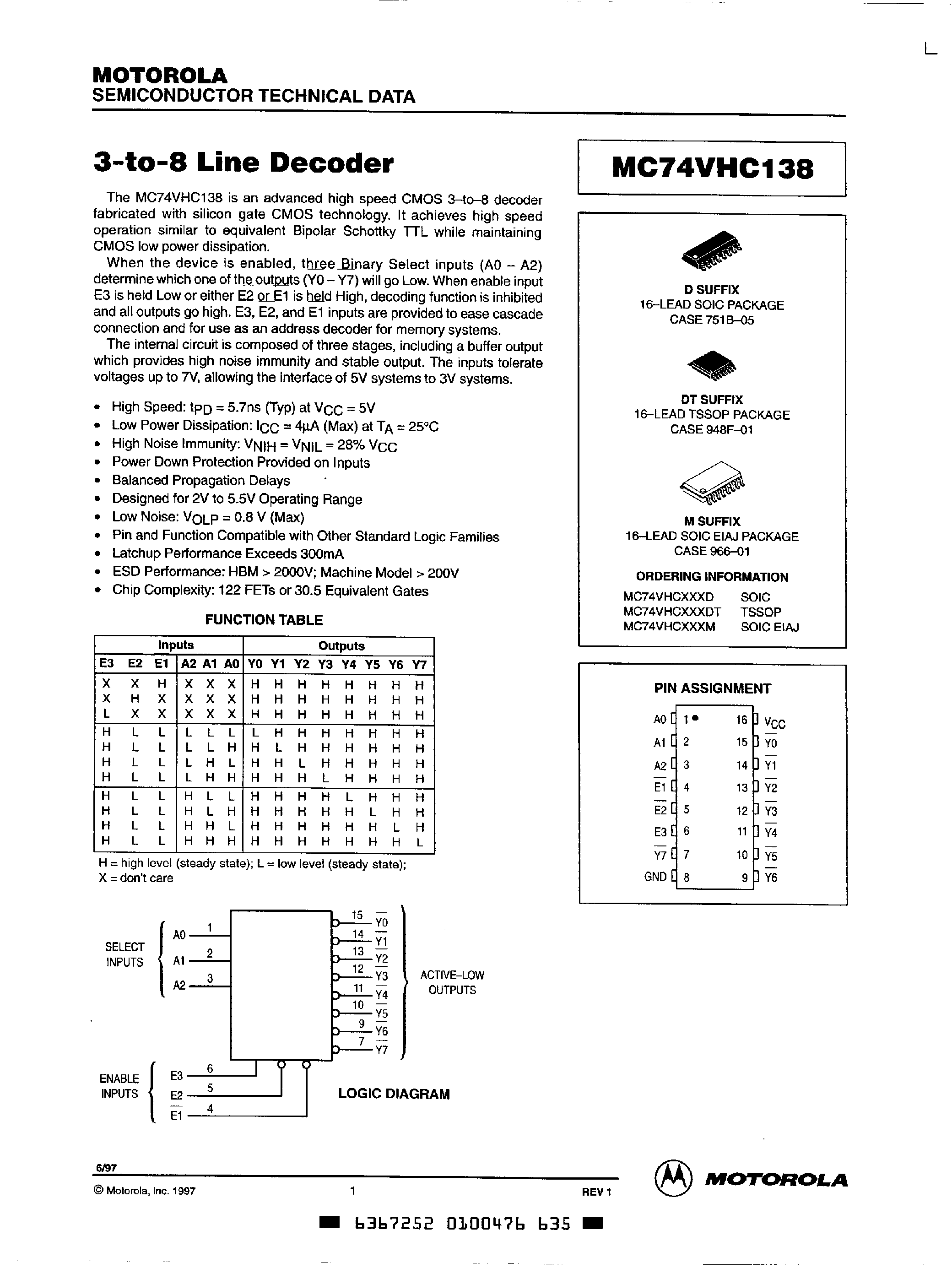 Datasheet 54HC138 - 3-LINE TO 8-LINE DECODERS page 1