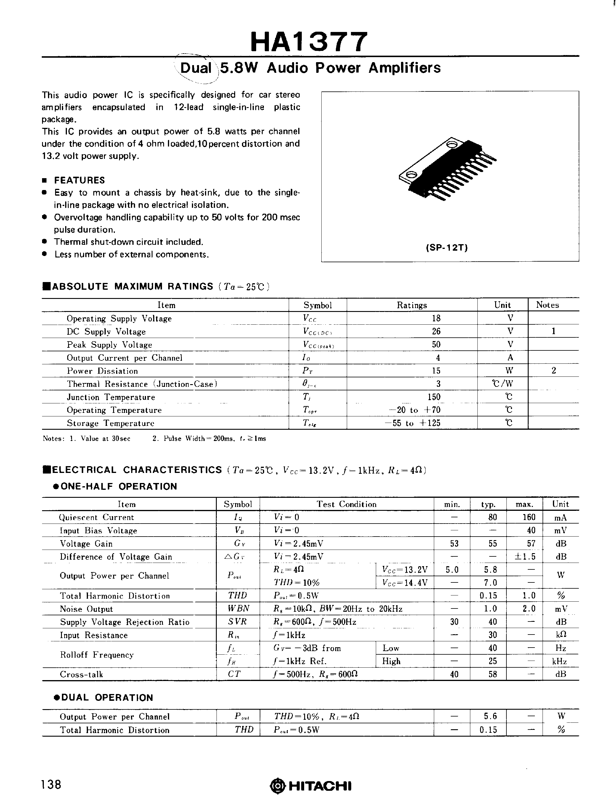 Datasheet HA1377 page 1 Datasheet HA1377 - Dual 5.8W Audio Power Amplifiers page 1