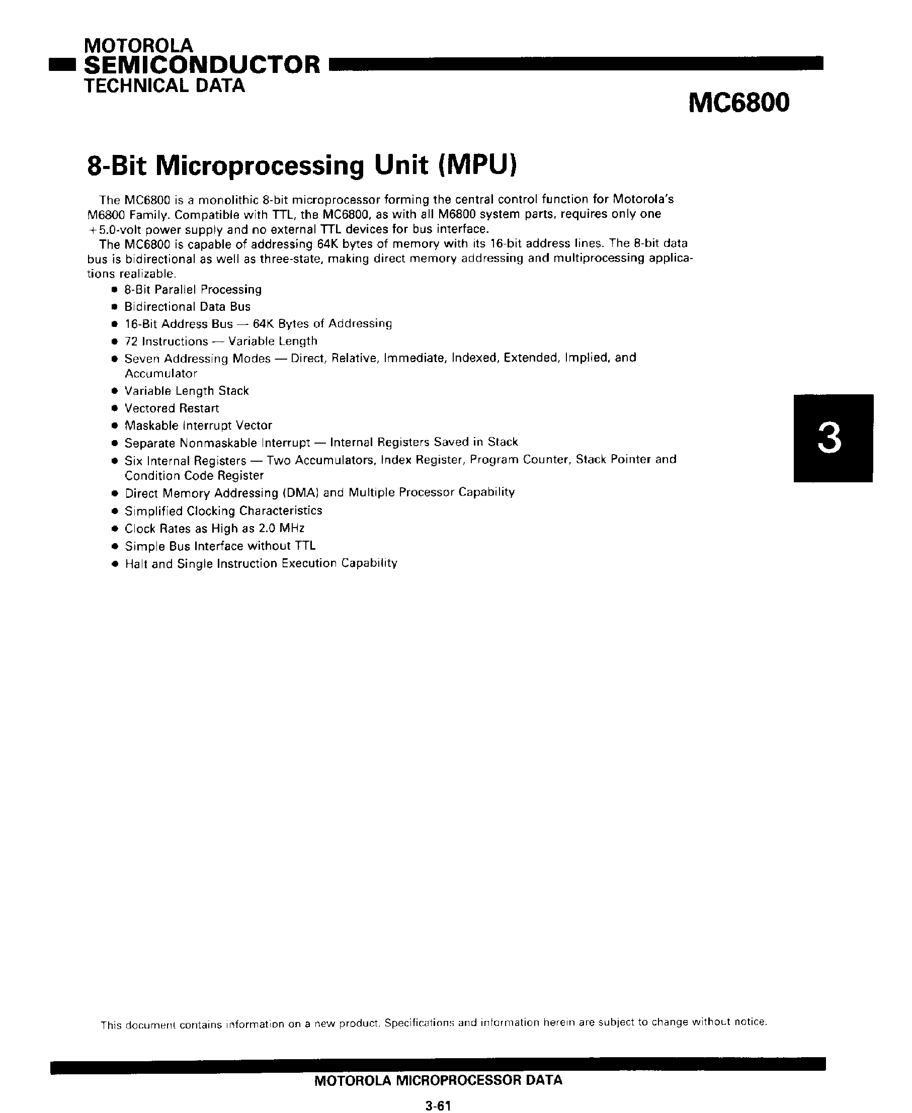 Datasheet 6800 - 8-Bit Microprocessing Unit page 1