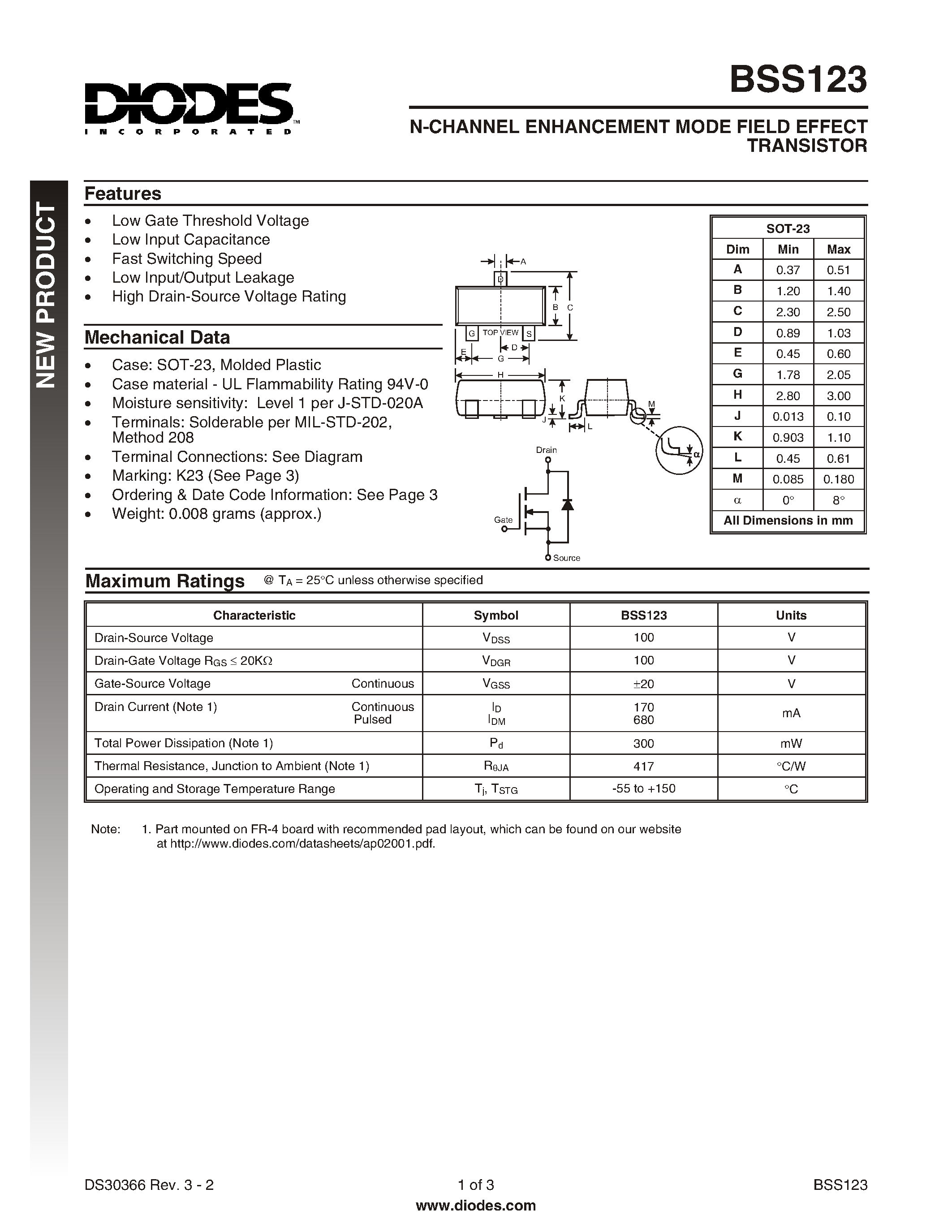 Даташит BSS123 - N-CHANNEL ENHANCEMENT MODE FIELD EFFECT TRANSISTOR страница 1
