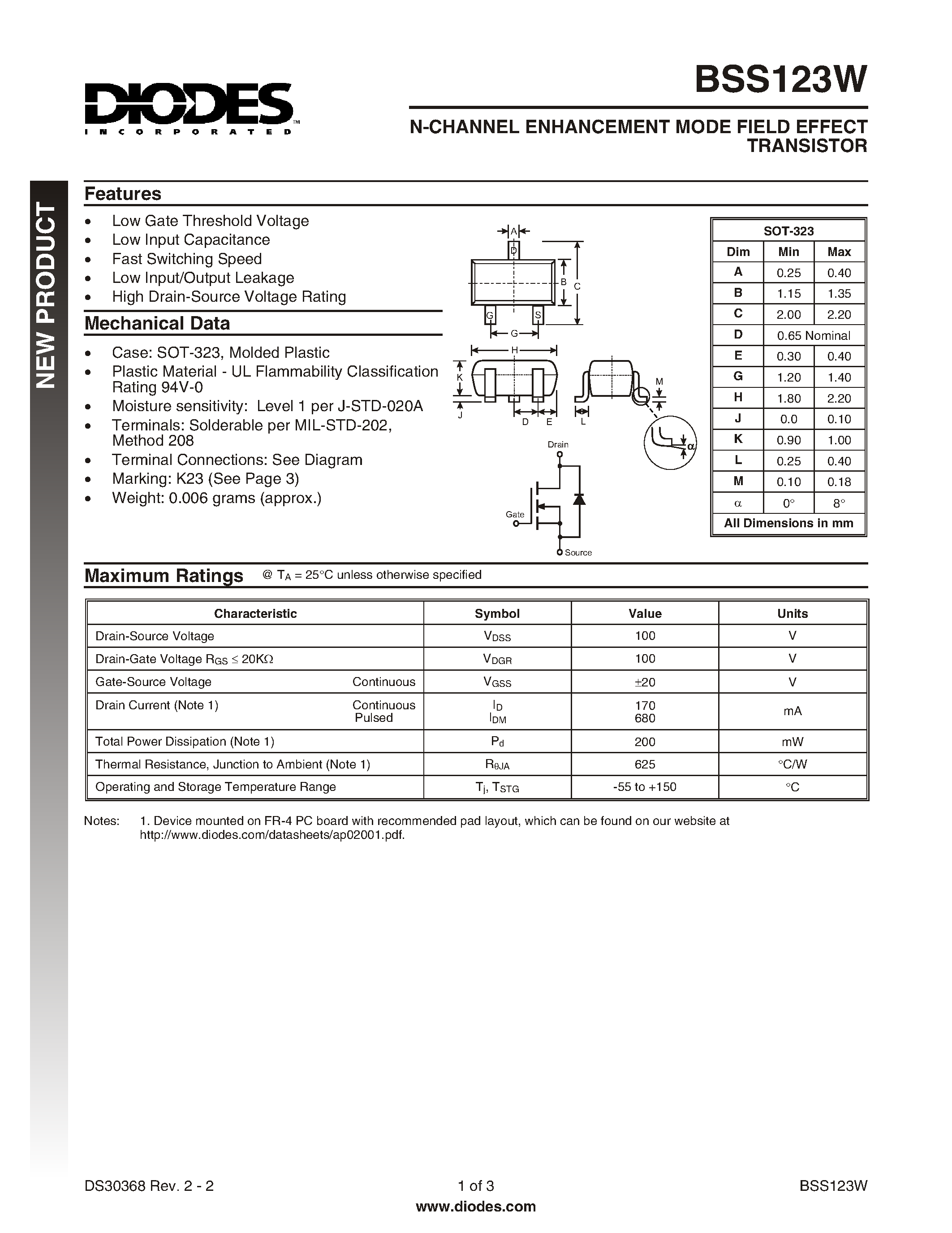 Datasheet BSS123W - N-CHANNEL ENHANCEMENT MODE FIELD EFFECT TRANSISTOR page 1