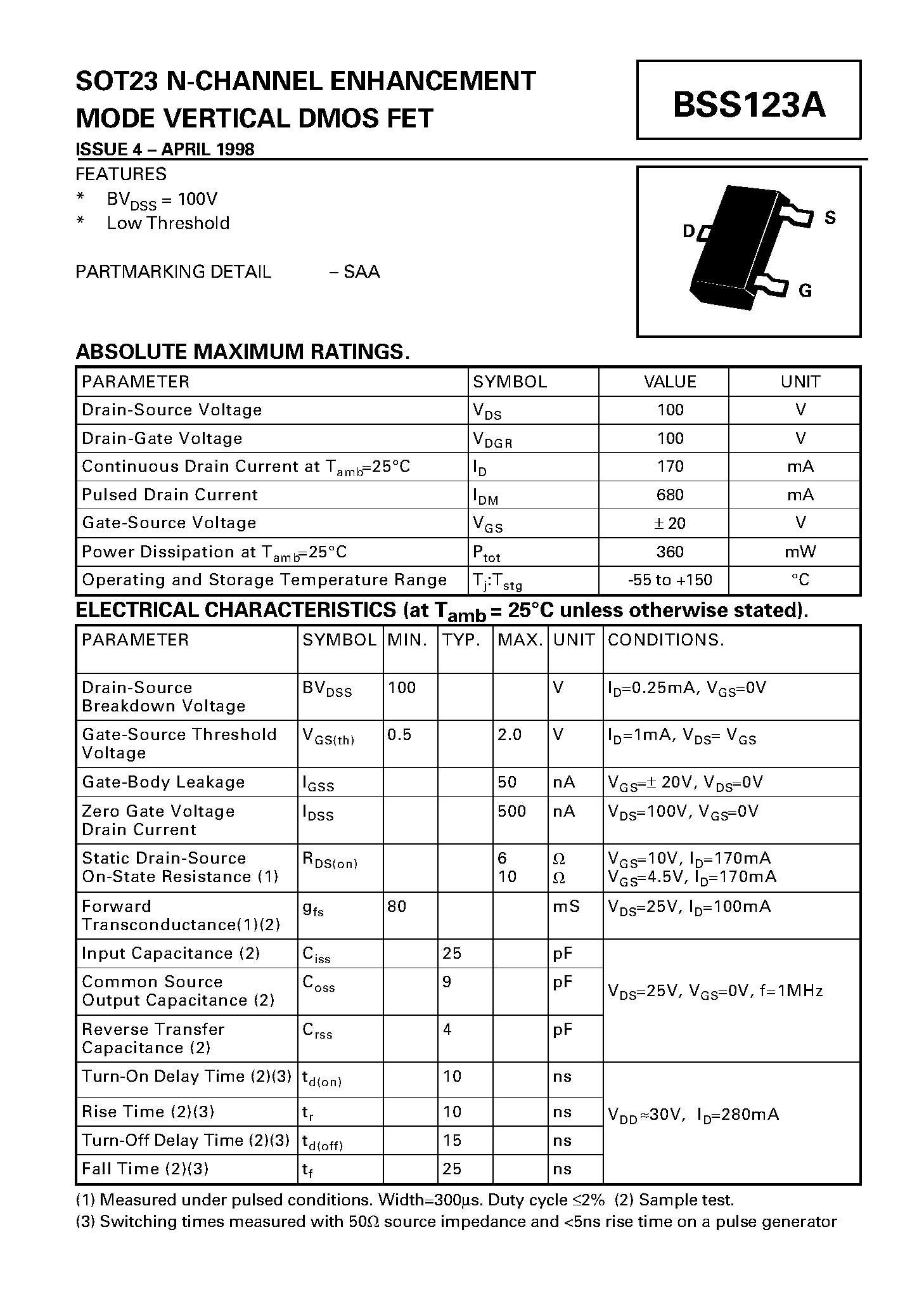 Даташит на микросхему BSS123A страница 1 Даташит BSS123A - N-CHANNEL ENHANCEMENT MODE VERTICAL DMOS FET страница 1