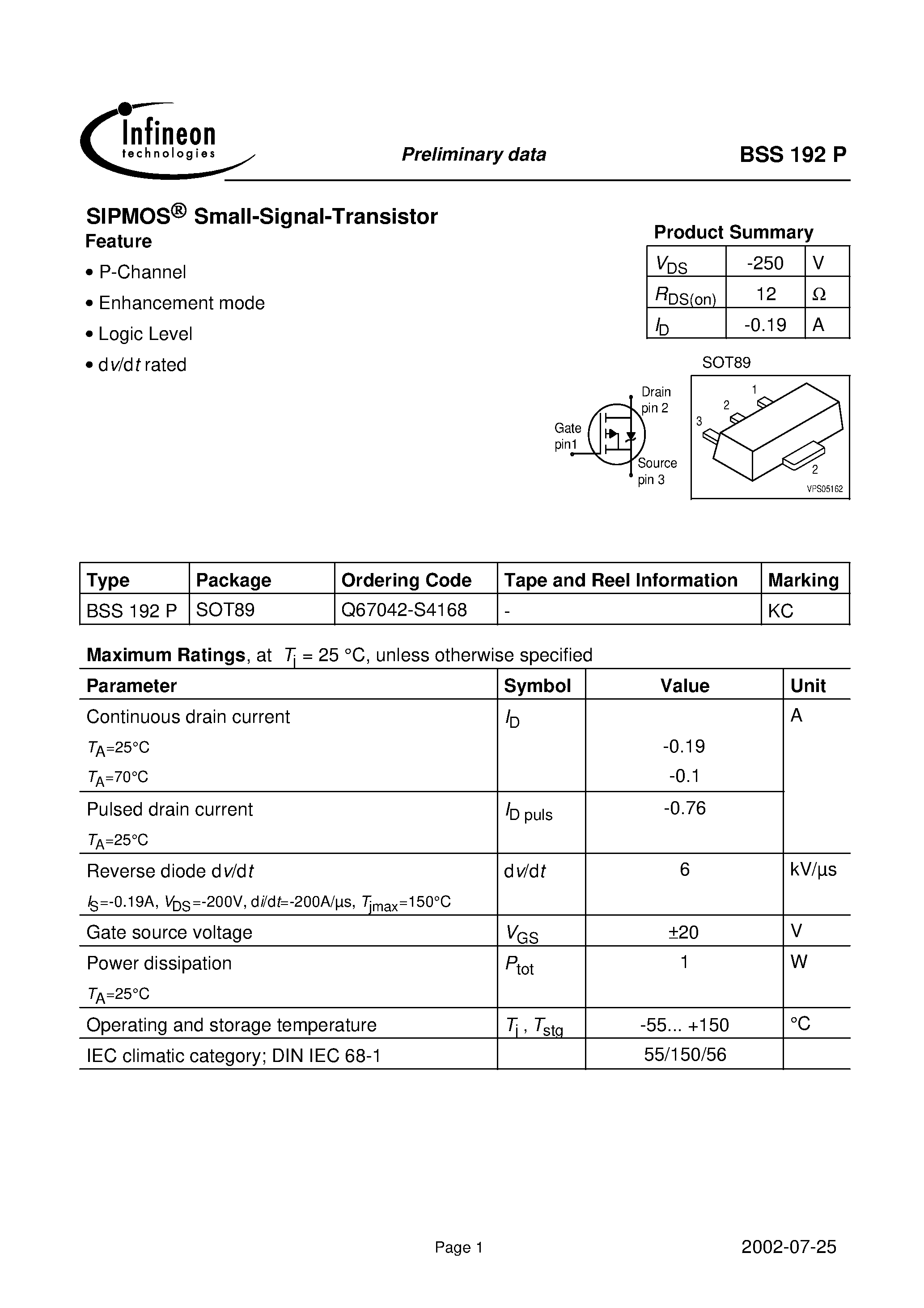 Datasheet BSS192P - OptiMOS -P Small-Signal-Transistor page 1
