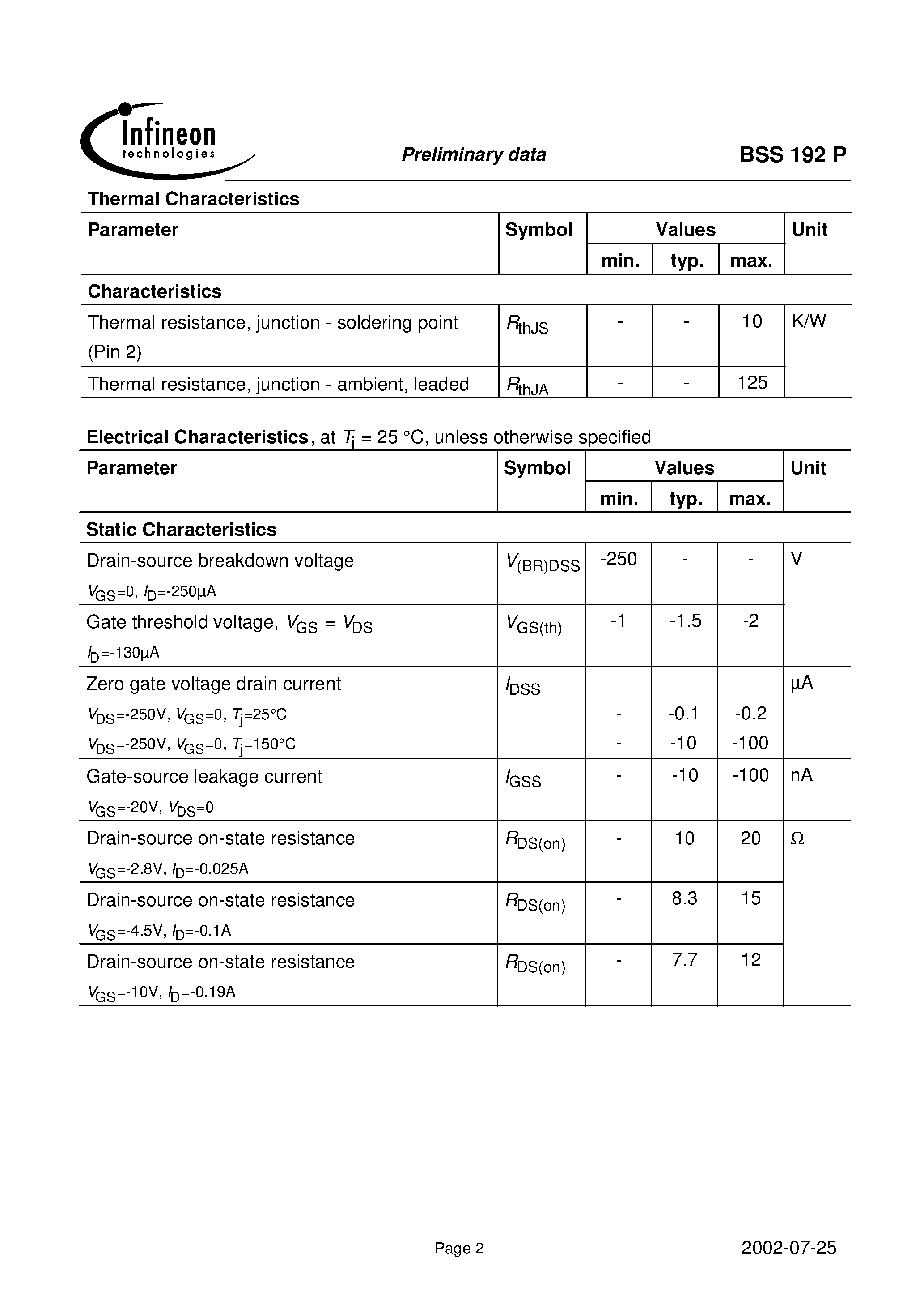 Datasheet BSS192P - OptiMOS -P Small-Signal-Transistor page 2
