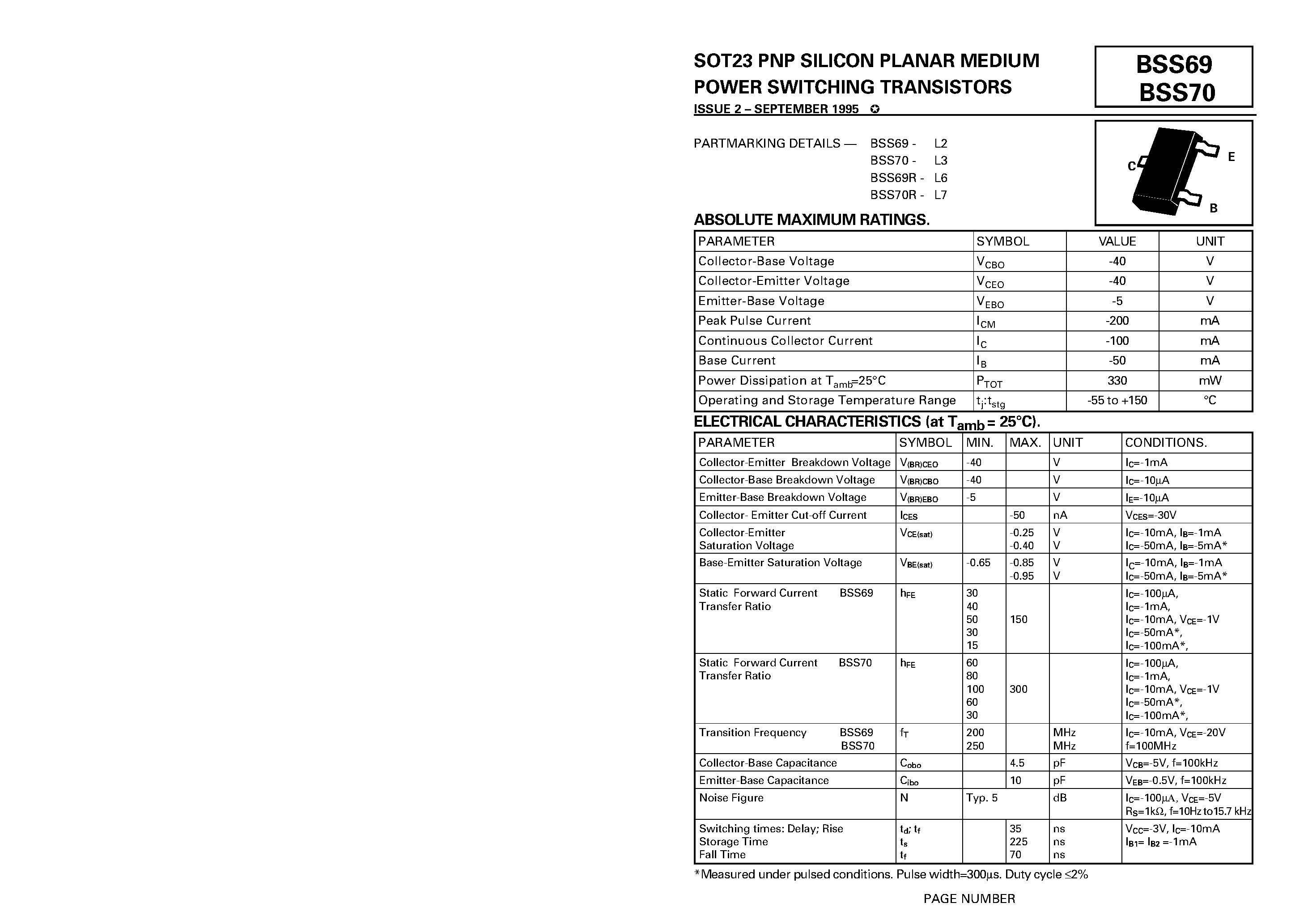 Datasheet BSS69 - SOT23 PNP SILICON PLANAR MEDIUM POWER SWITCHING TRANSISTORS page 1
