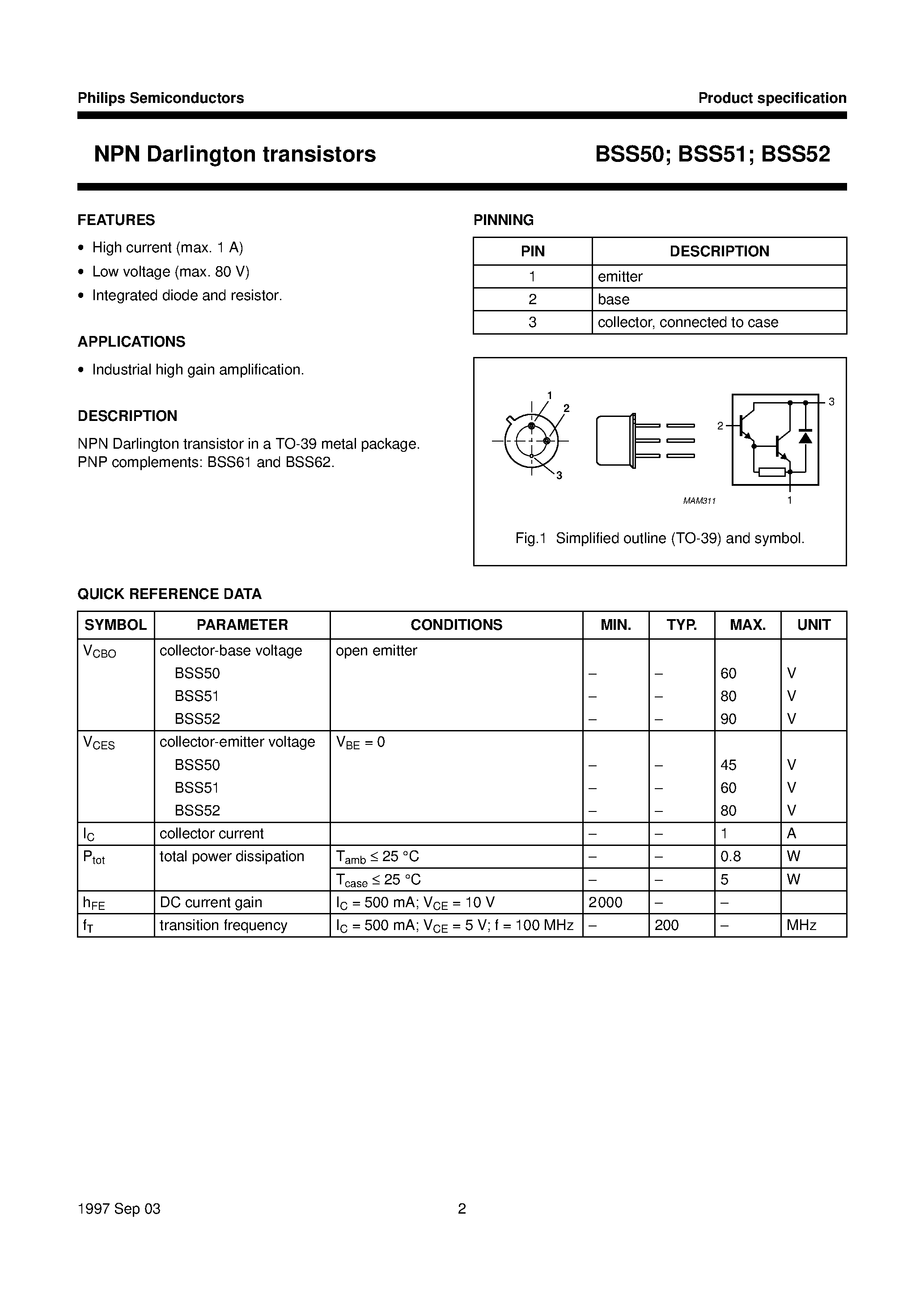 Даташит BSS51 - NPN Darlington transistors страница 2