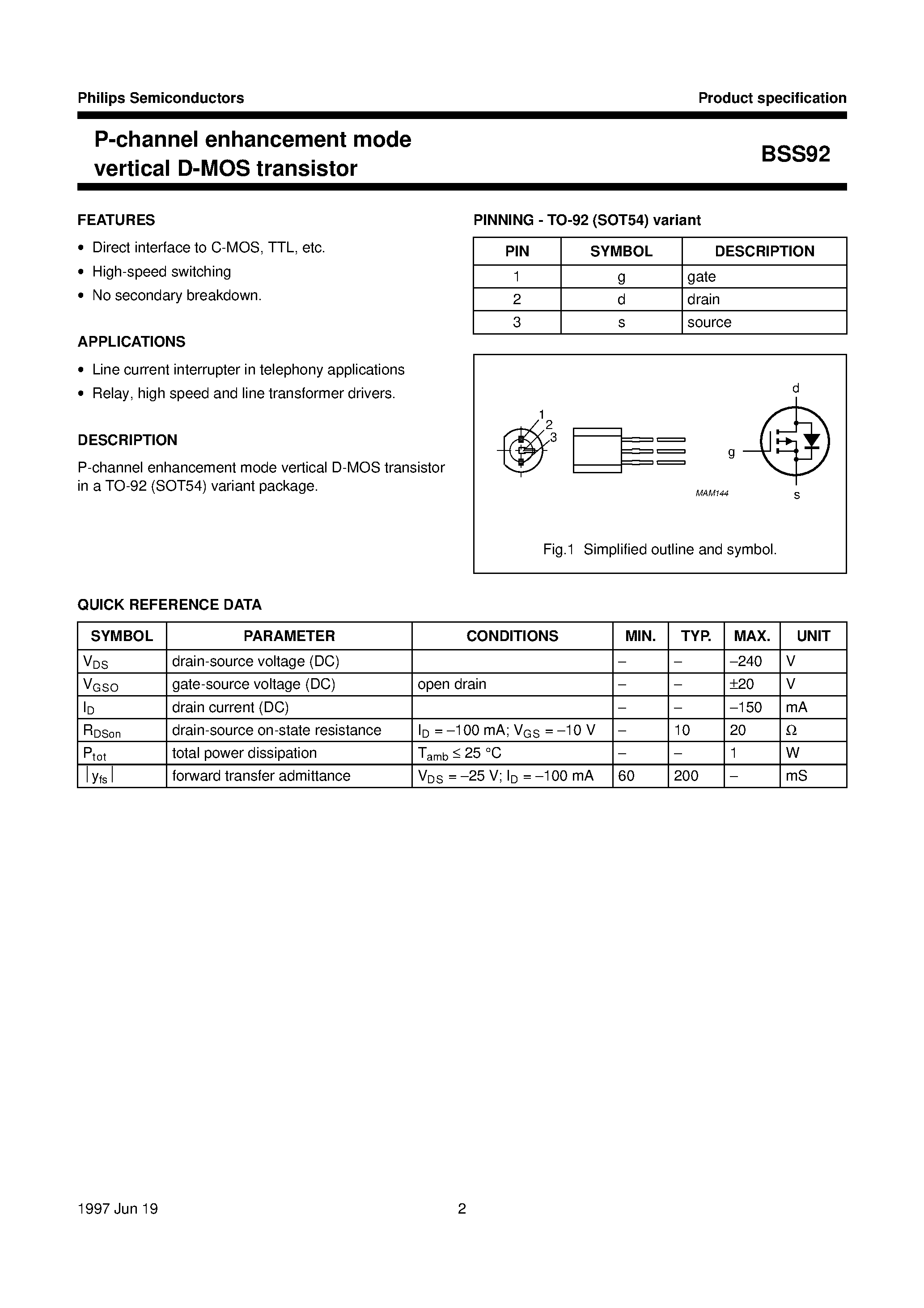 Datasheet BSS92 - P-channel enhancement mode vertical D-MOS transistor page 2