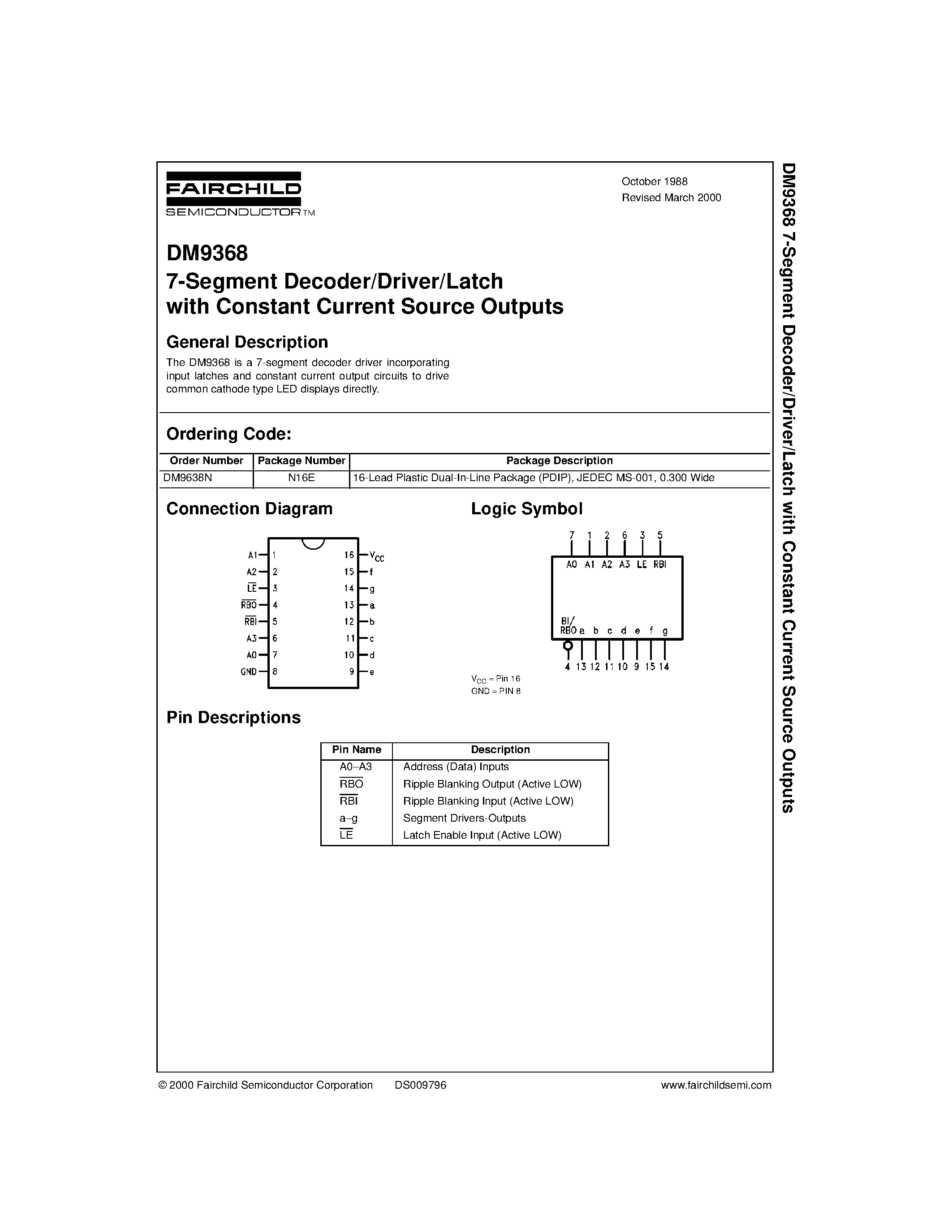 Datasheet DM9368 - 7-Segment Decoder/Driver/Latch with Constant Current Source Outputs page 1