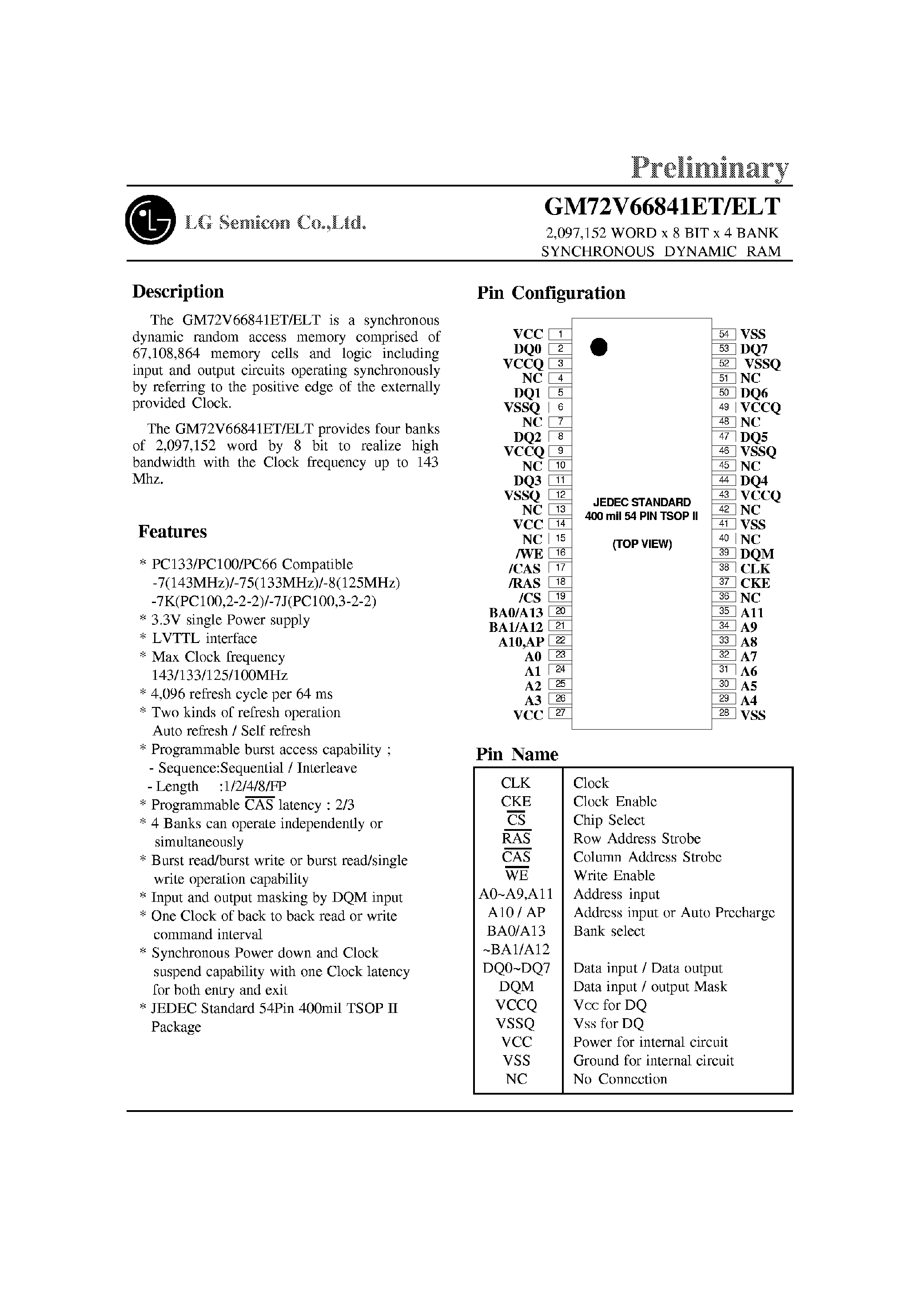 Datasheet GM72V66841Exx - 2M x 8-Bit x 4 Bank SDRAM page 1
