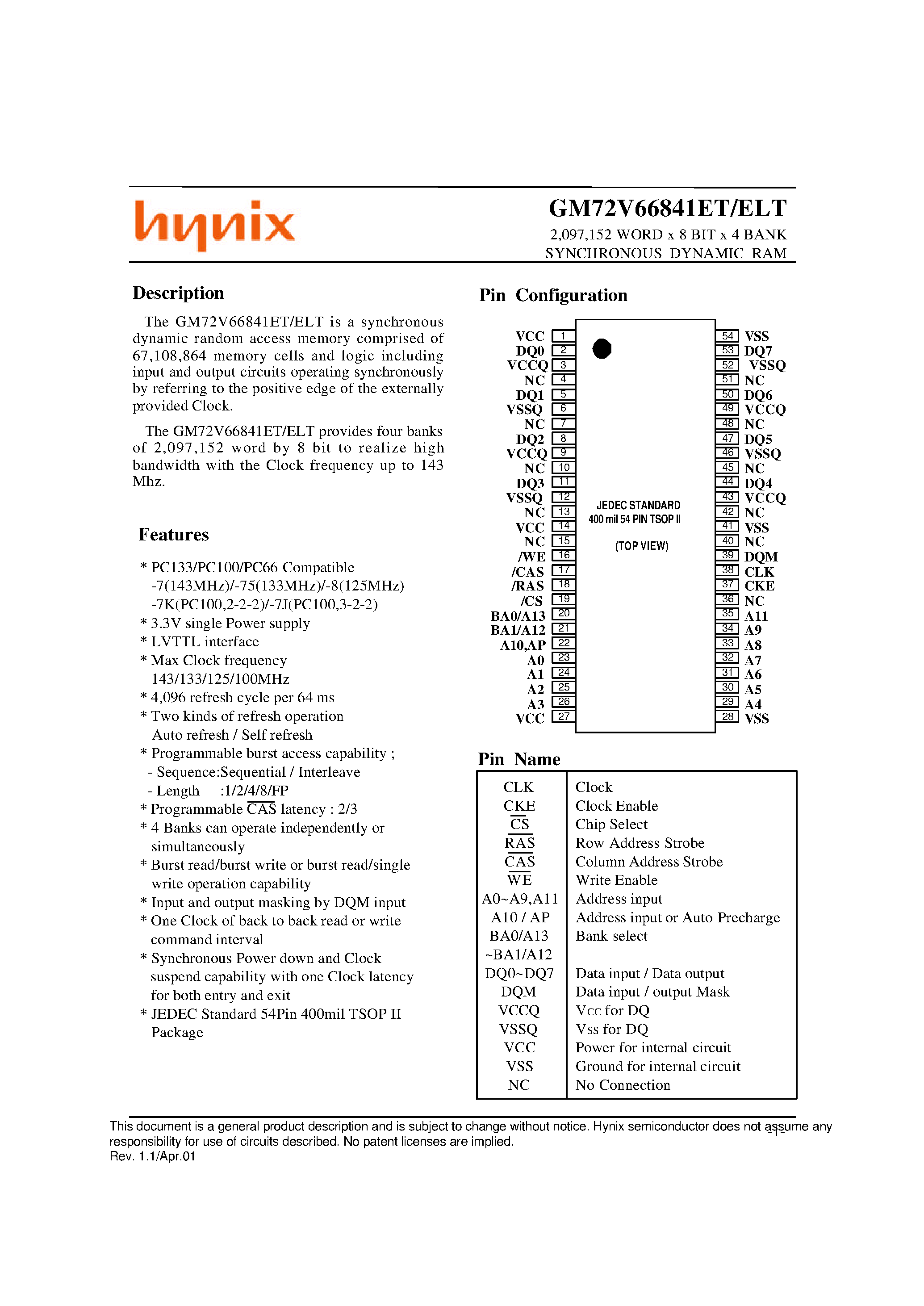 Datasheet GM72V66841Exx - 2M x 8-Bit x 4 Bank SDRAM page 1