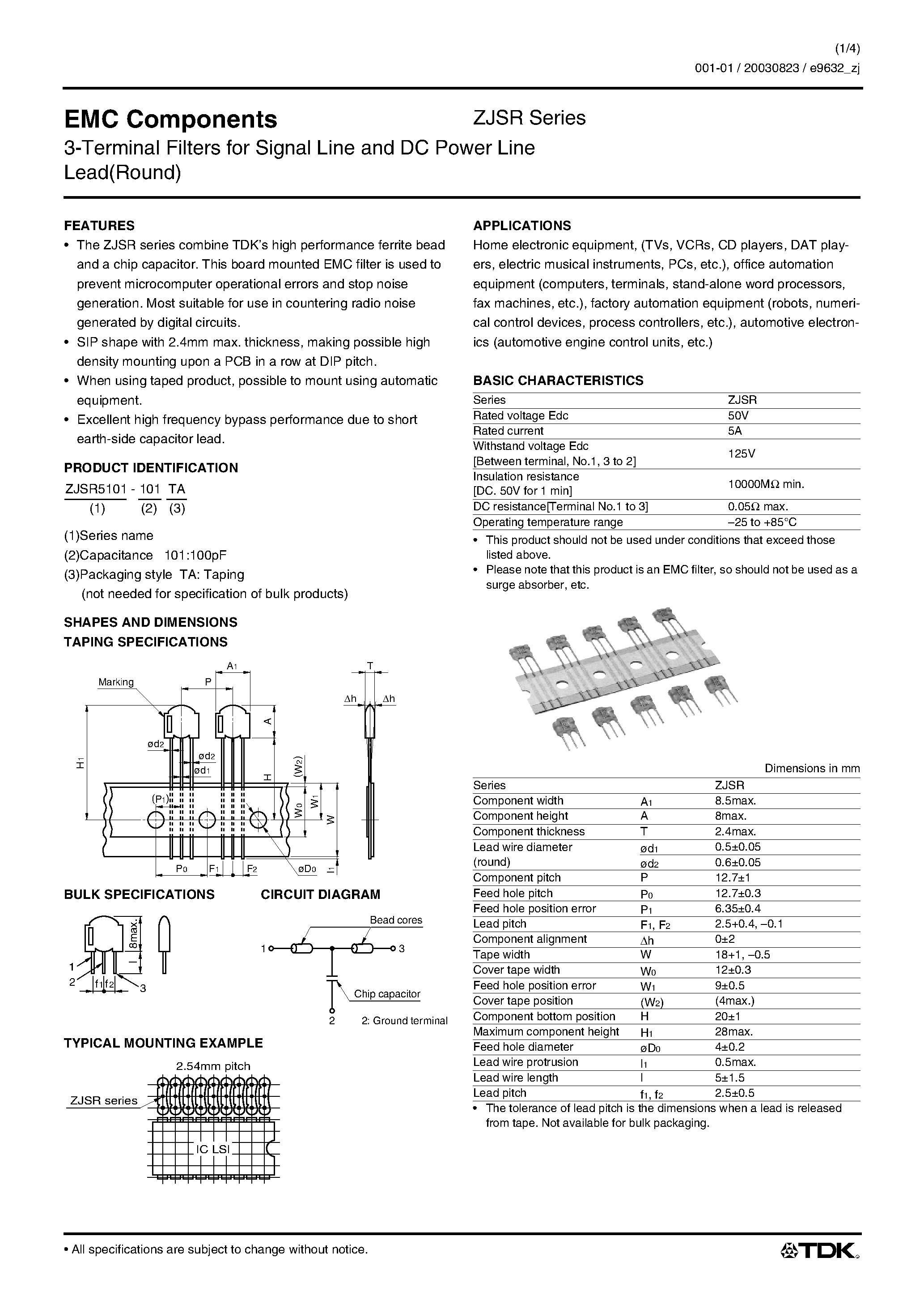 Даташит ZJSR5101-xxx - EMC Components / 3-Terminal Filters for Signal Line and DC Power Line страница 1