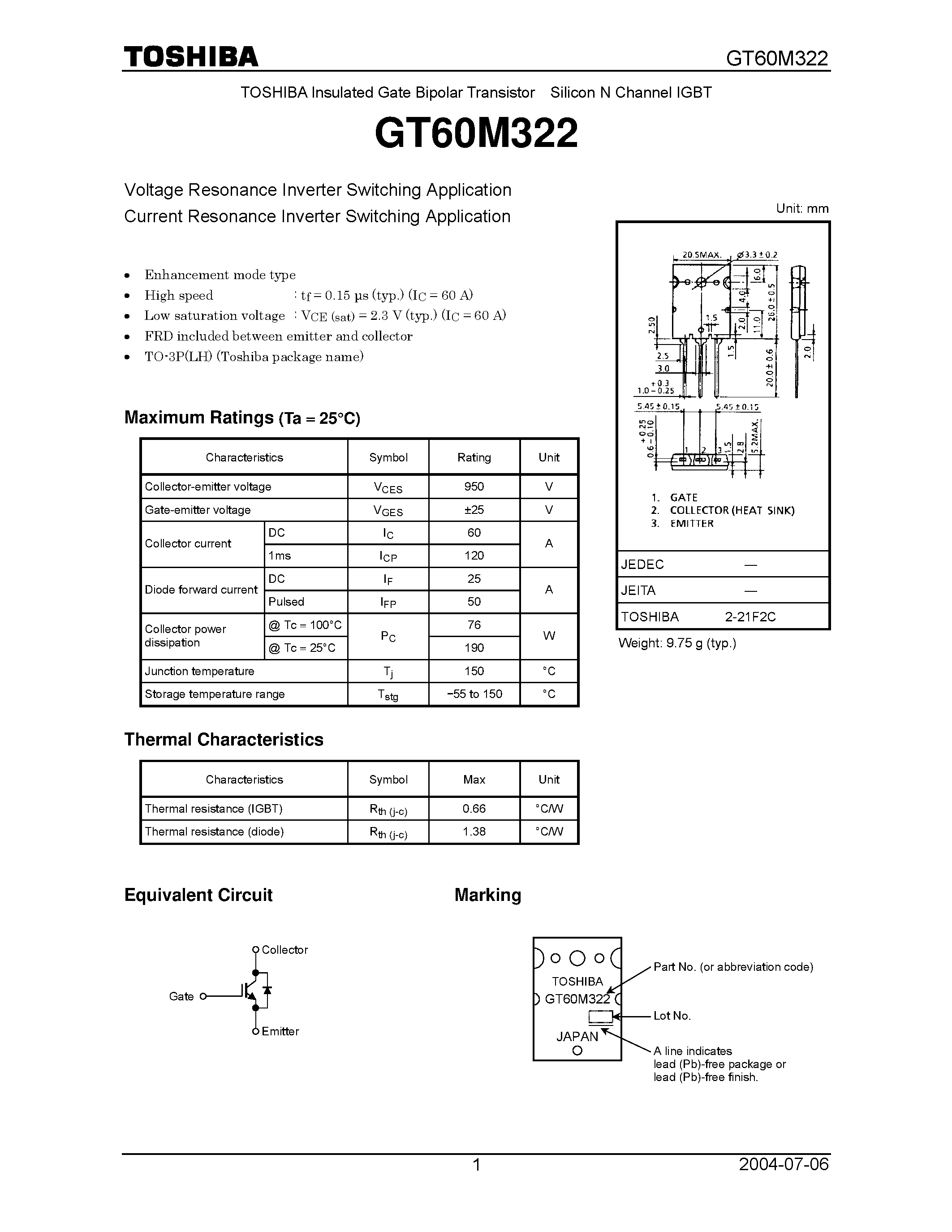 Datasheet GT60M322 - Silicon N Channel IGBT page 1
