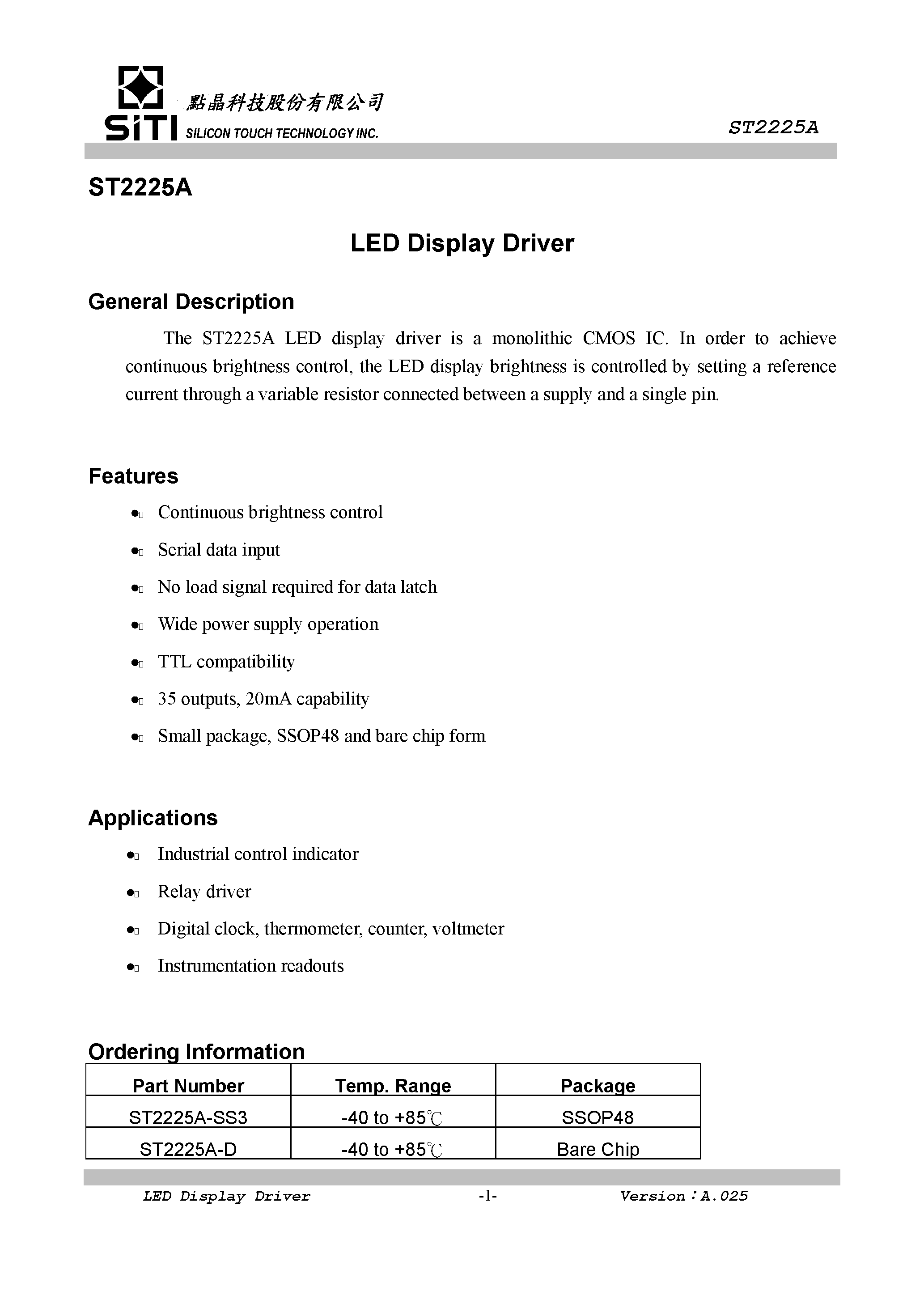 Datasheet ST2225A - LED DISPLAY DRIVER page 2
