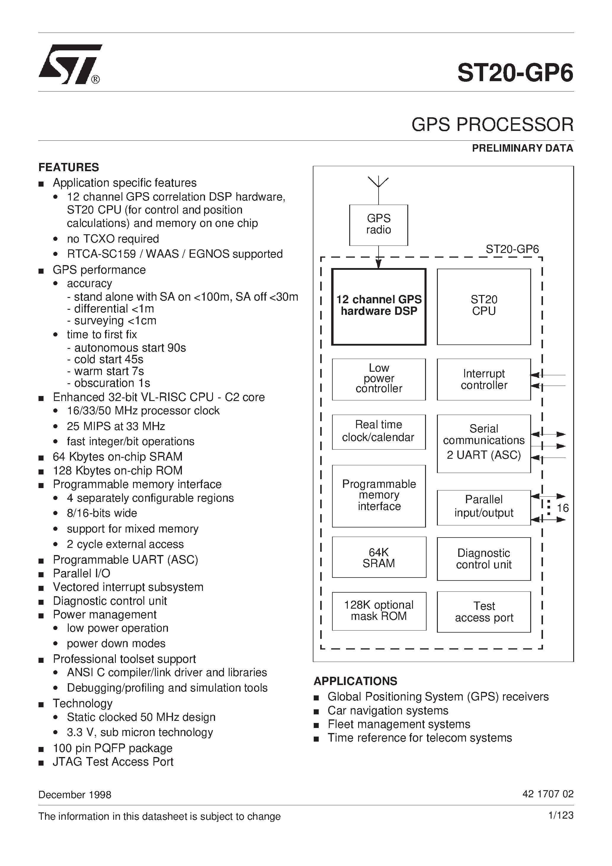 Datasheet ST20-GP6 page 1 Datasheet ST20-GP6 - GPS PROCESSOR page 1