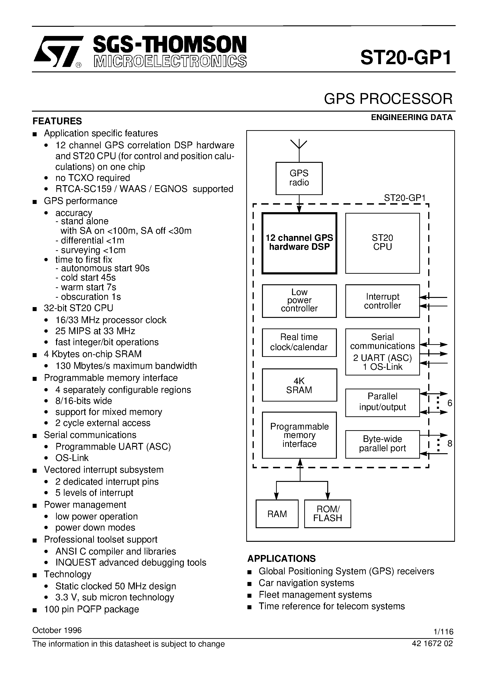 Datasheet ST20-GP1 page 1 Datasheet ST20-GP1 - GPS PROCESSOR page 1
